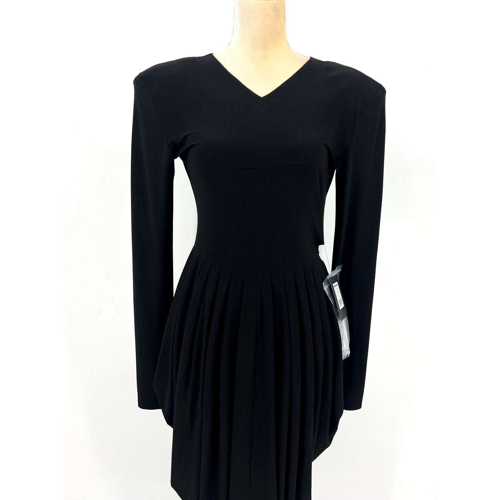NORMA KAMALI Shoulder Pad Waterfall Dress XS/34 Black V Neck Stretch LS NWT