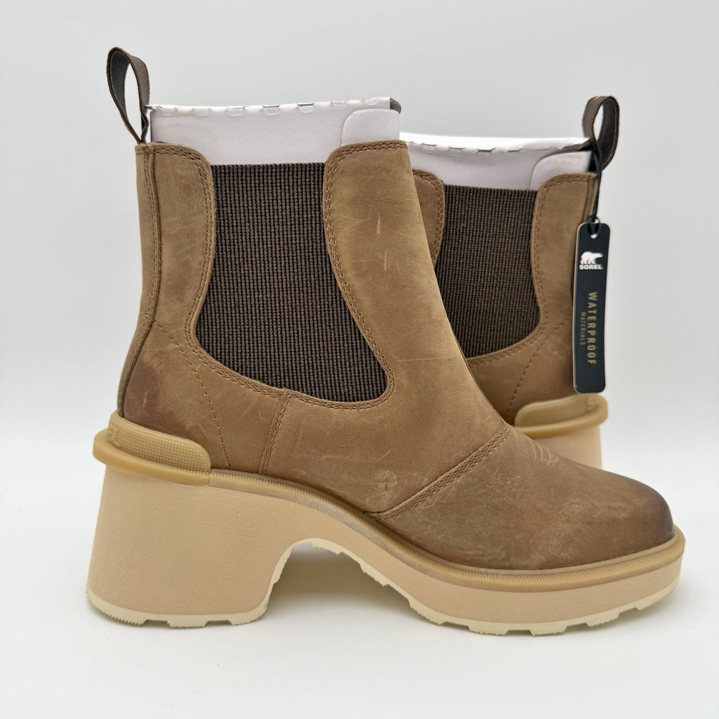 Sorel Womens Hi-Line Heel Chelsea Boots US 8 Taupe Tan Leather Waterproof NIB