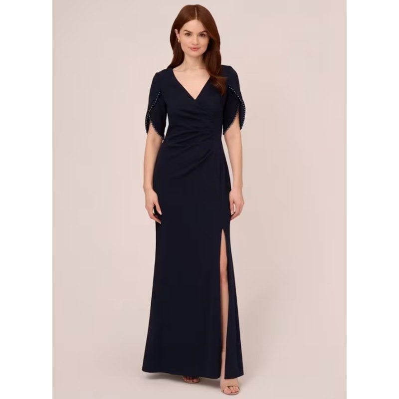 ADRIANA PAPELL Tulip Sleeve Column Gown Size 6 Navy Blue Midnight Pearl NWOT