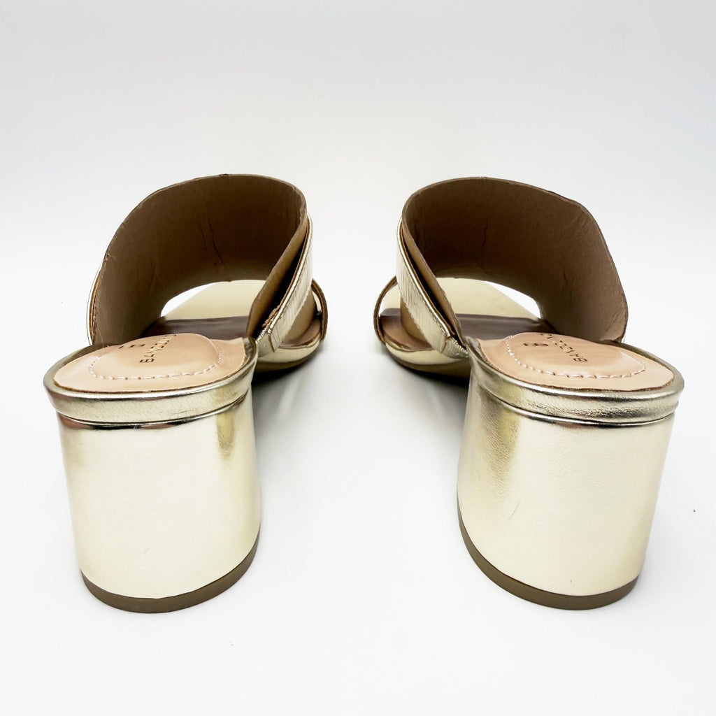 Bandolino Womens Merring Block Heel Slide Sandals Size 9 Gold Lizard NIB