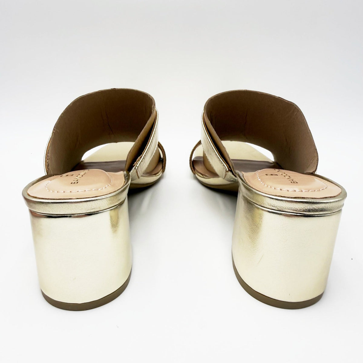 Bandolino Womens Merring Block Heel Slide Sandals Size 9 Gold Lizard NIB