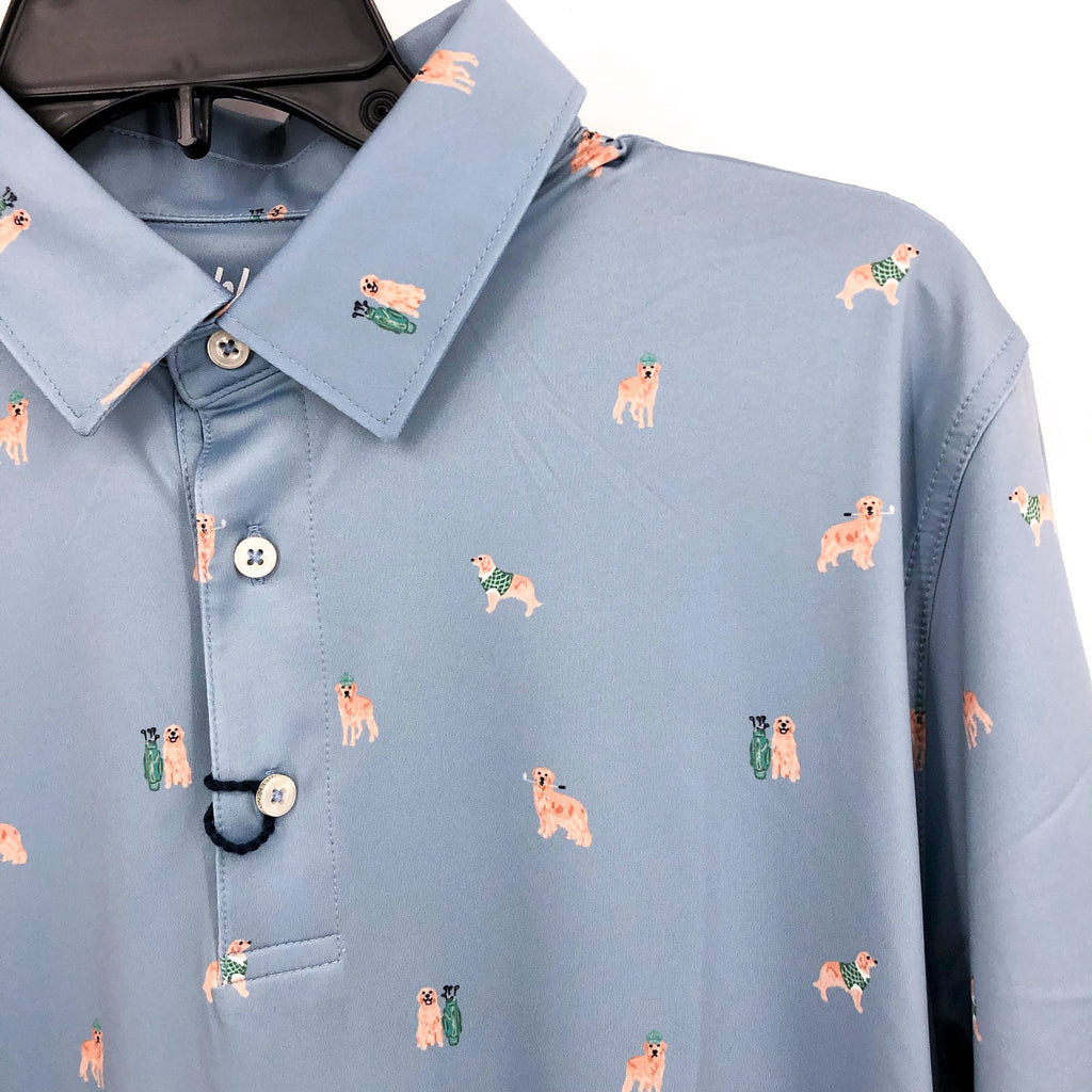 CHUBBIES Mens Performance Polo XL Light Blue Barkin' Up The Wrong Tree Print NWT