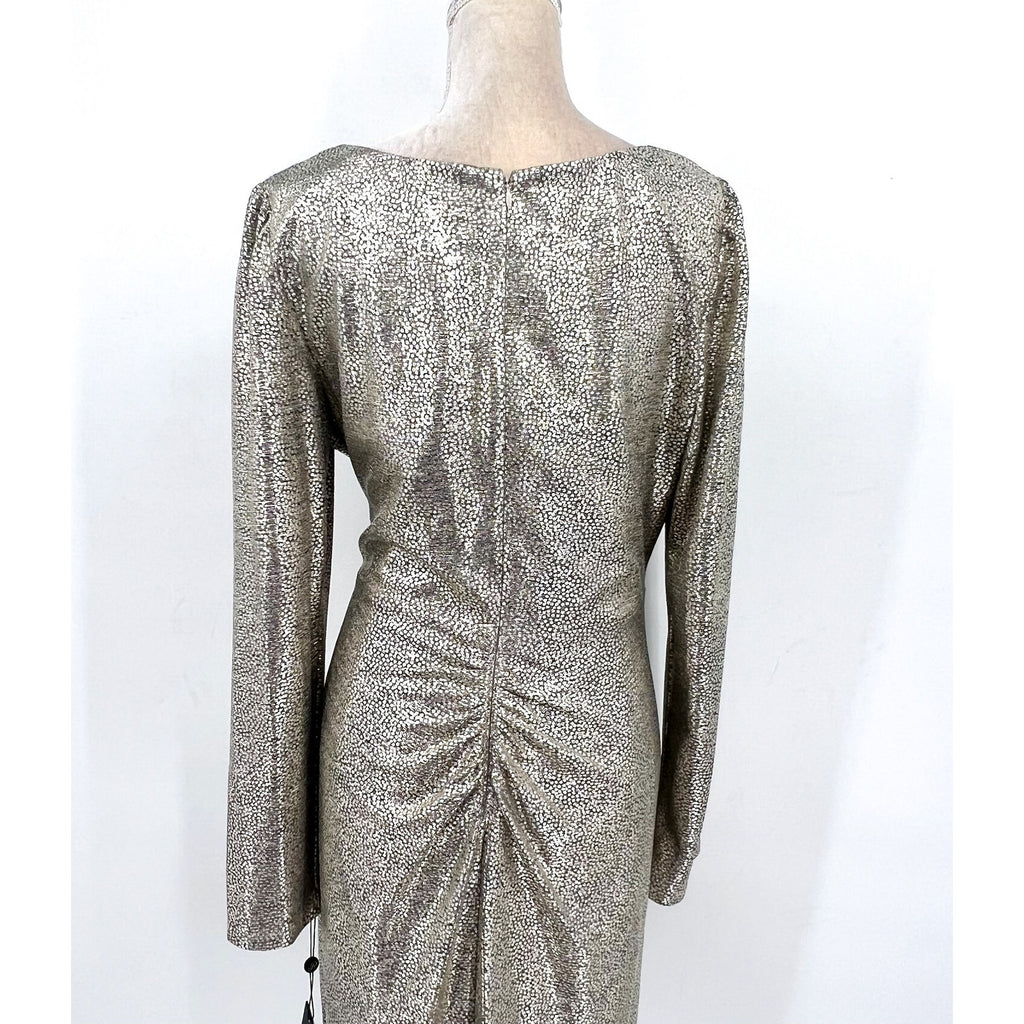 ADRIANNA PAPELL Metallic Foil Faux Wrap Dress Size 16 Light Gold Cocktail NWT