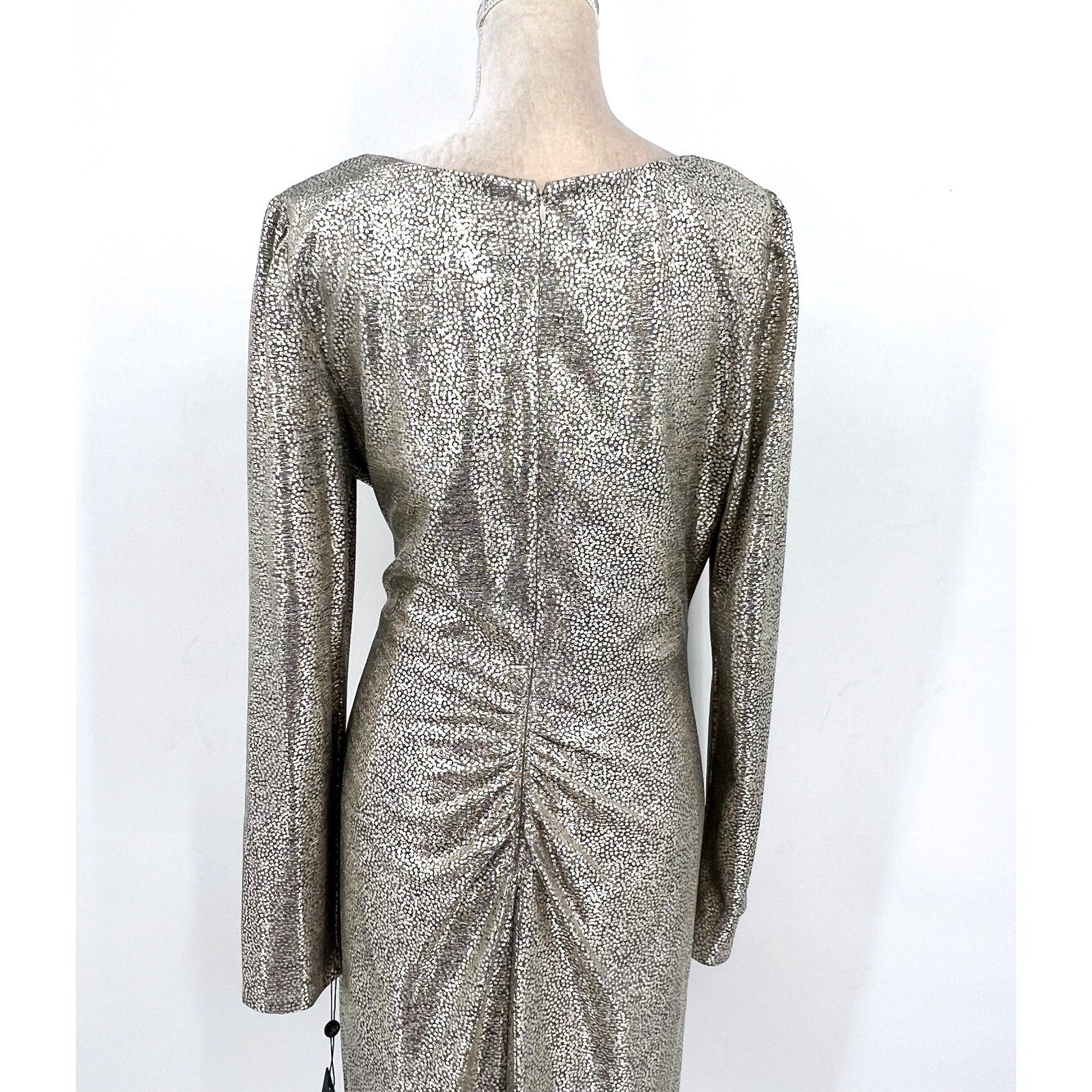 ADRIANNA PAPELL Metallic Foil Faux Wrap Dress Size 16 Light Gold Cocktail NWT