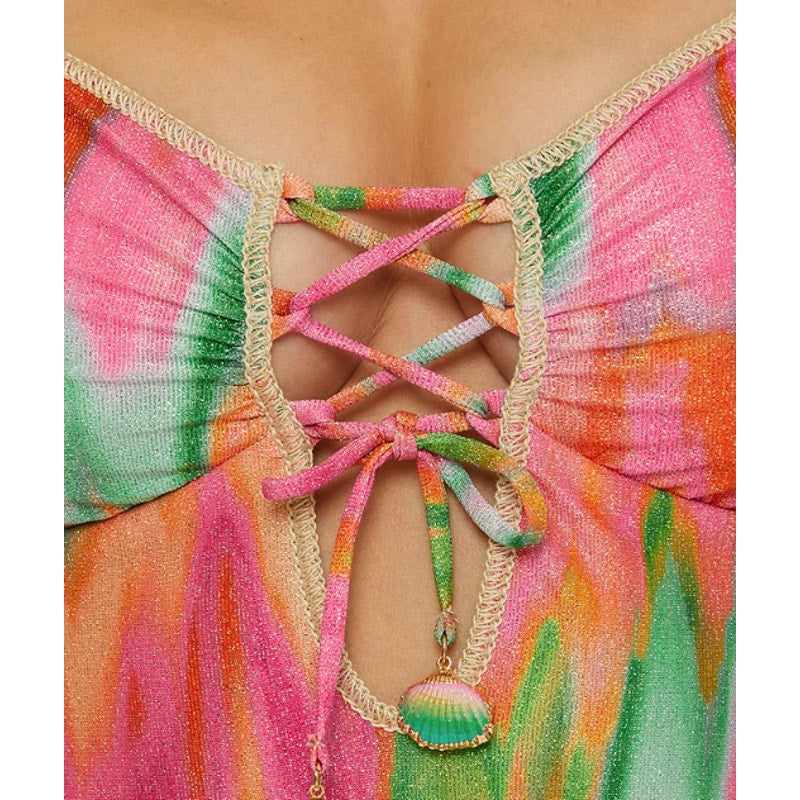 BECCA Women's Mirage Metallic One-Piece Swimsuit Medium Pink Green Lace-Up NWOT
