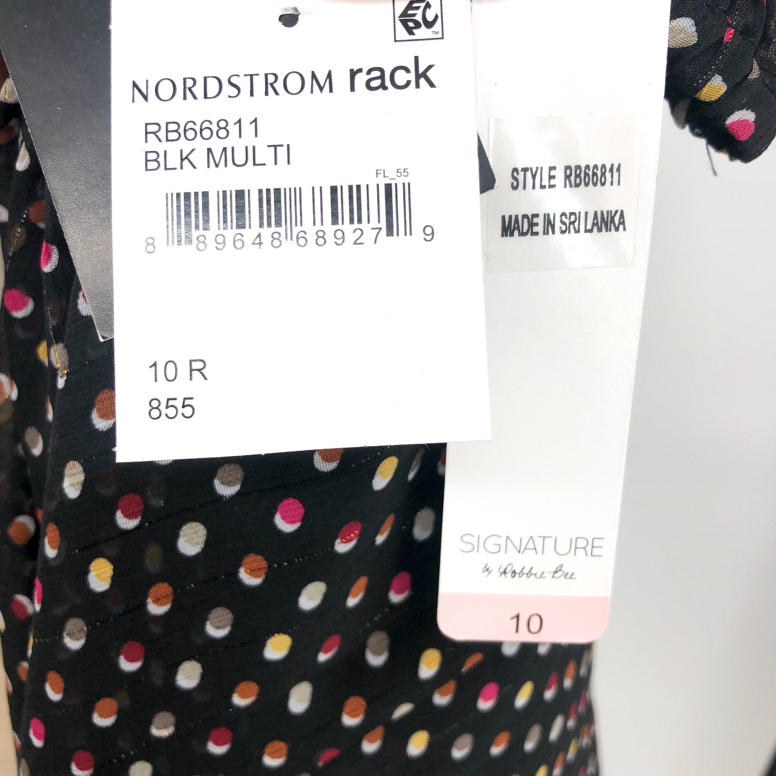 SIGNATURE BY ROBBIE BEE Faux Wrap Dress 10 Black Multi Polka Dot 3/4 Sleeve NWT