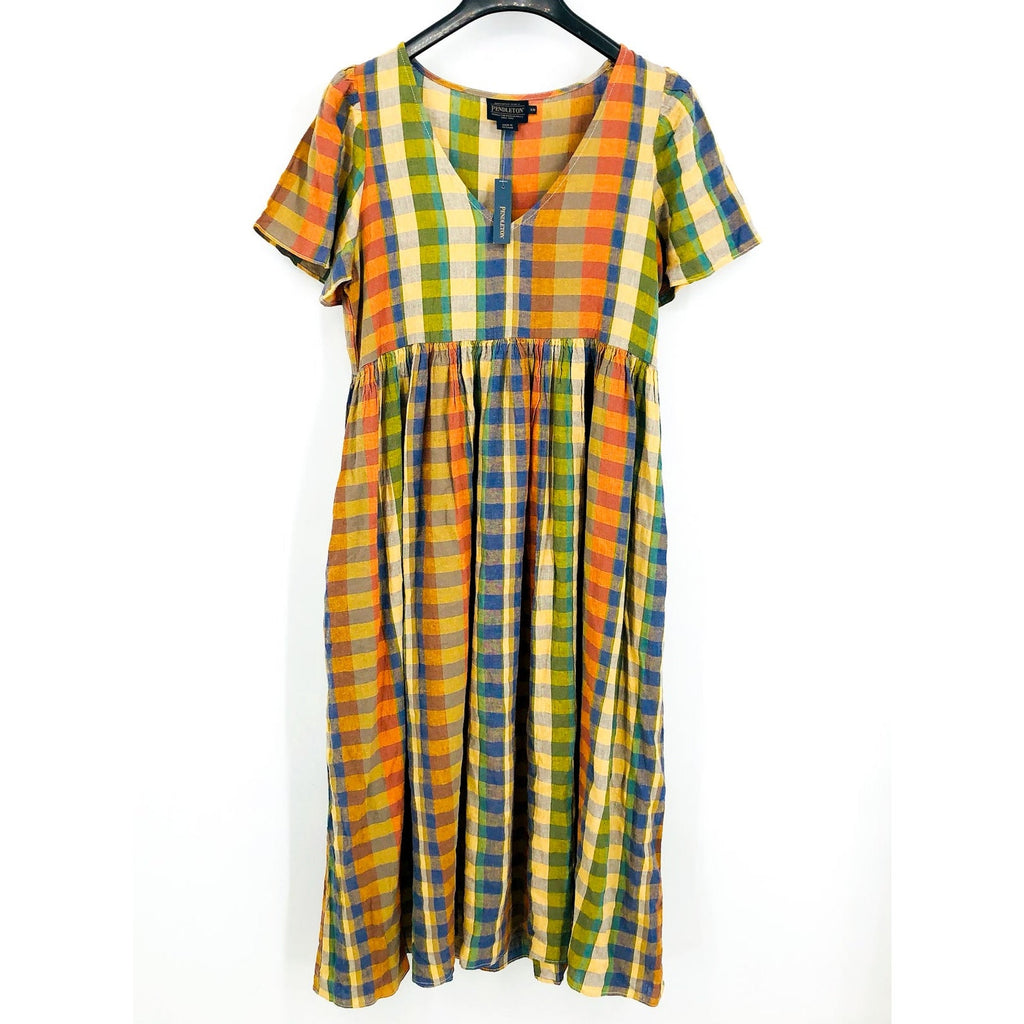 PENDLETON Women's Flora Midi Dress XS Woodash Multi Check Linen-Blend NWT