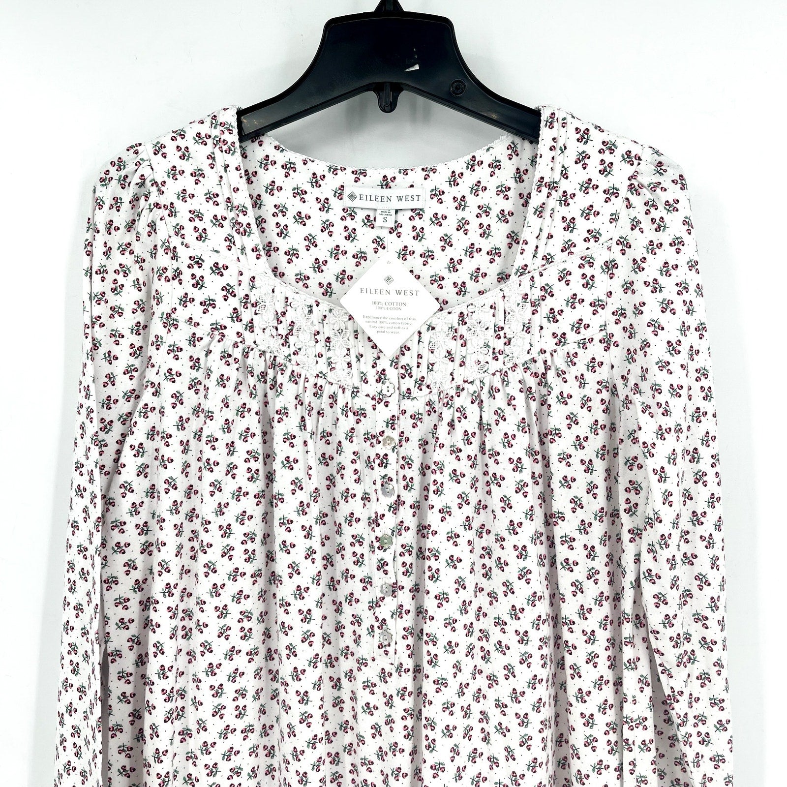 EILEEN WEST Women's Cotton Flannel Nightgown Small White Ditsy Floral NWT