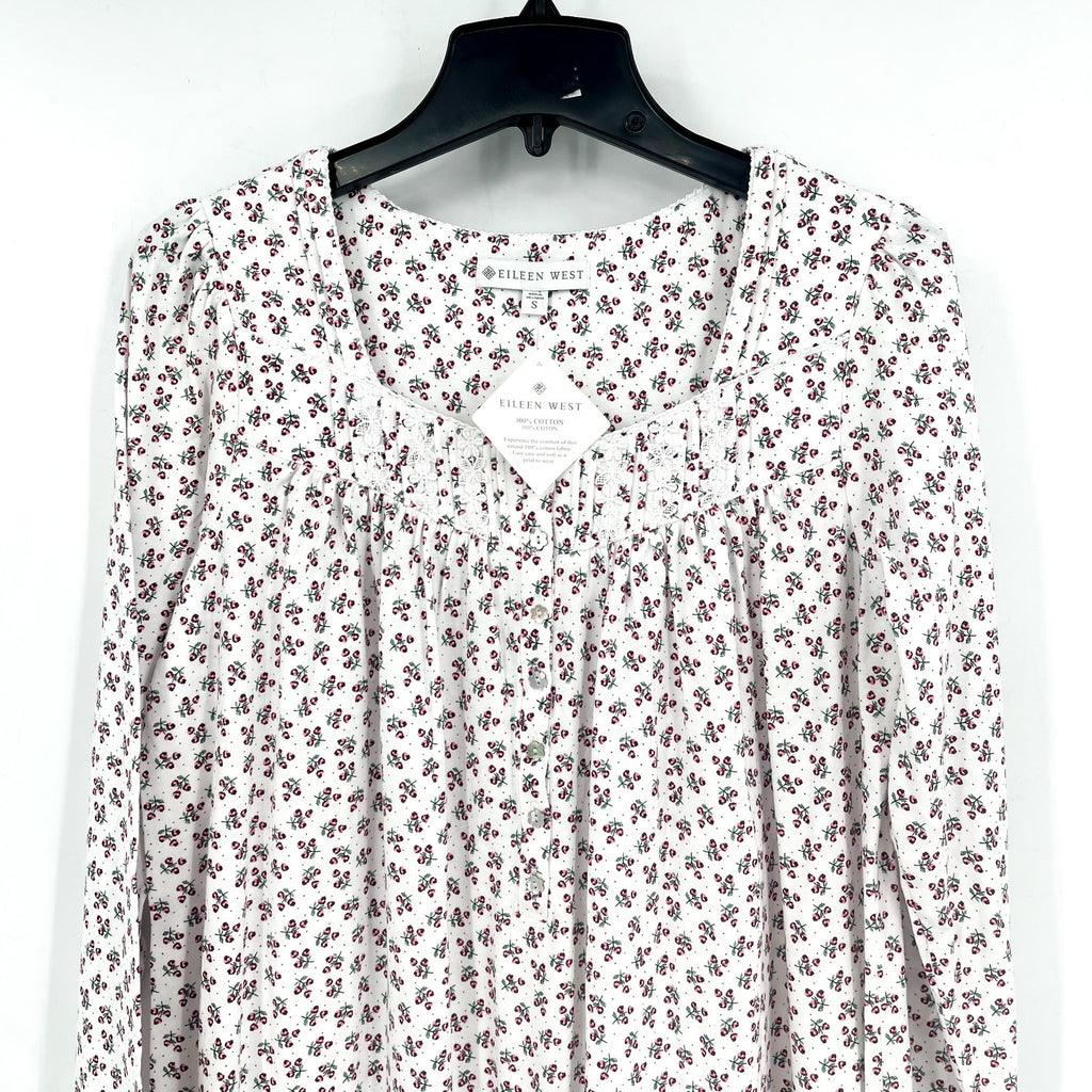EILEEN WEST Women's Cotton Flannel Nightgown Small White Ditsy Floral NWT