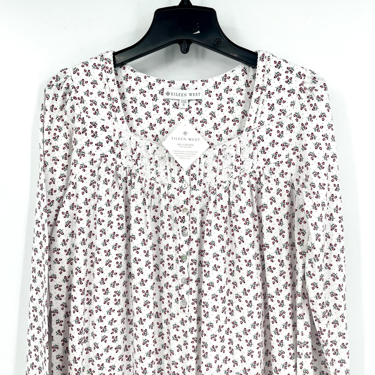 EILEEN WEST Women's Cotton Flannel Nightgown Small White Ditsy Floral NWT