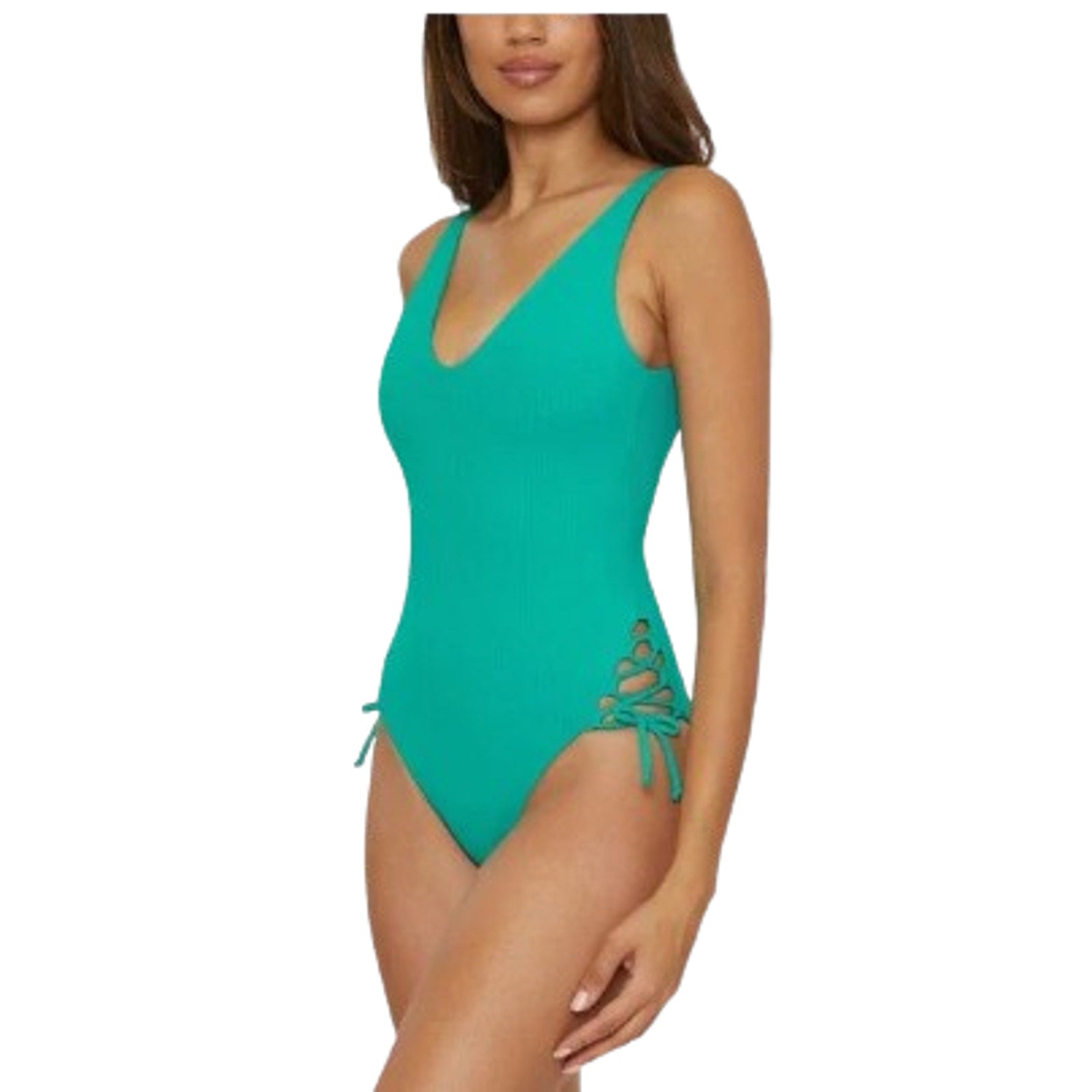 BECCA Modern Edge Sophie One Piece Swimsuit Large Teal Green Lace Up Ribbed NWT