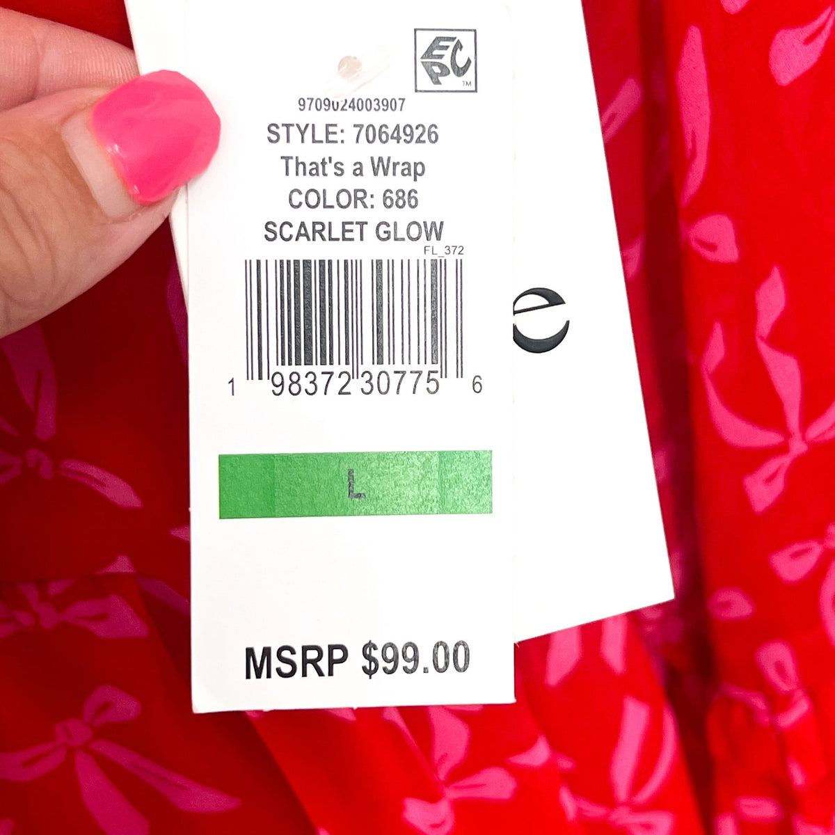 CECE Women's Bow-Print Babydoll Dress Large Red Pink Long-Sleeve NWT