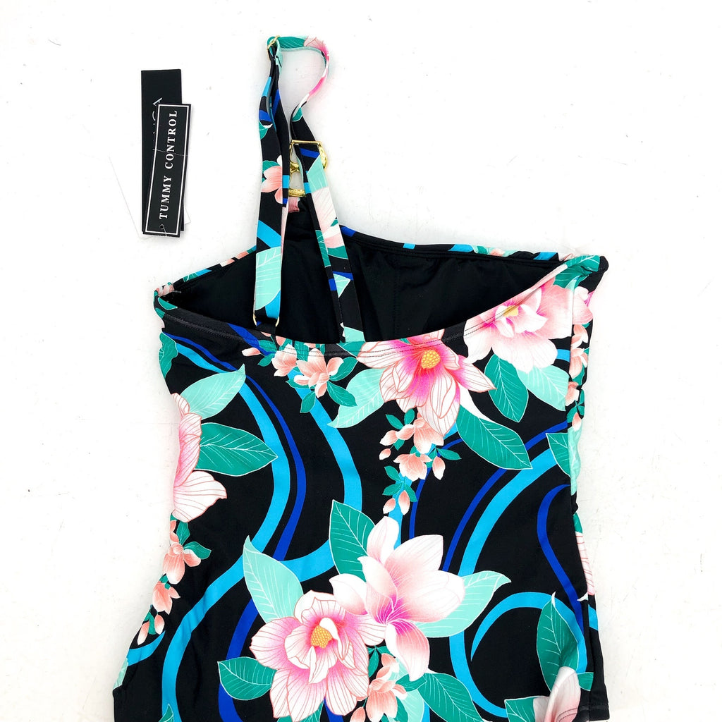 LA BLANCA One Shoulder One-Piece Size 4 Black Nightfall Blooms Tummy Control NWT