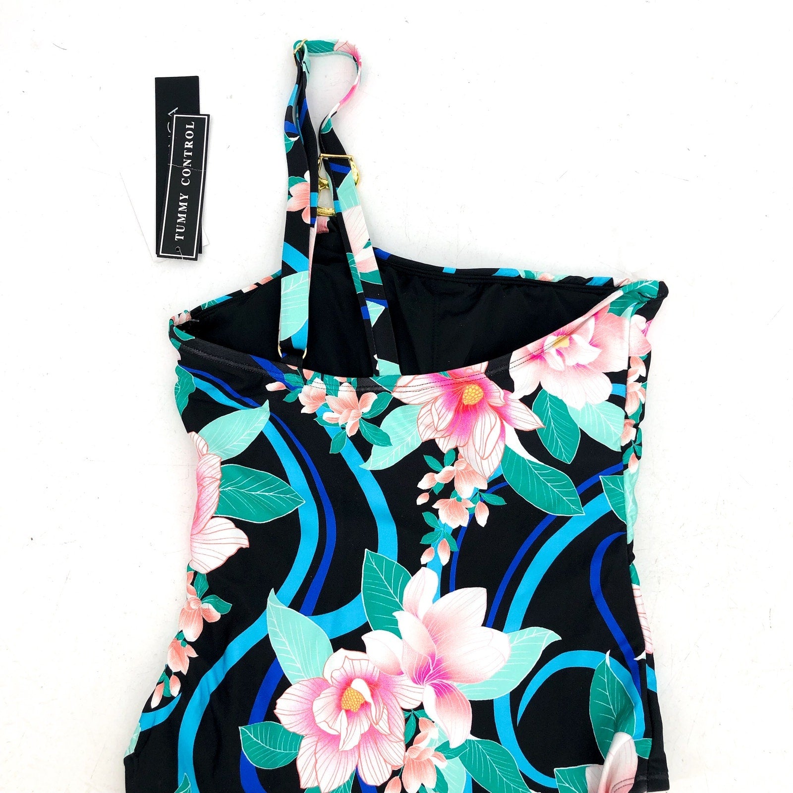 LA BLANCA One Shoulder One-Piece Size 4 Black Nightfall Blooms Tummy Control NWT