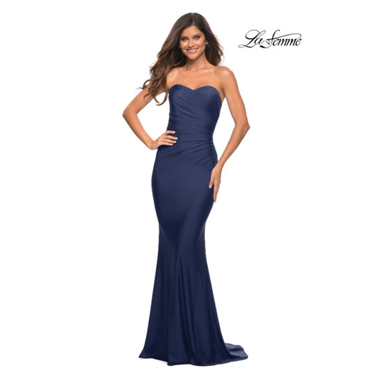 LA FEMME Strapless Sweetheart Long Dress Size 0 Navy Blue 30502 Mermaid NWT