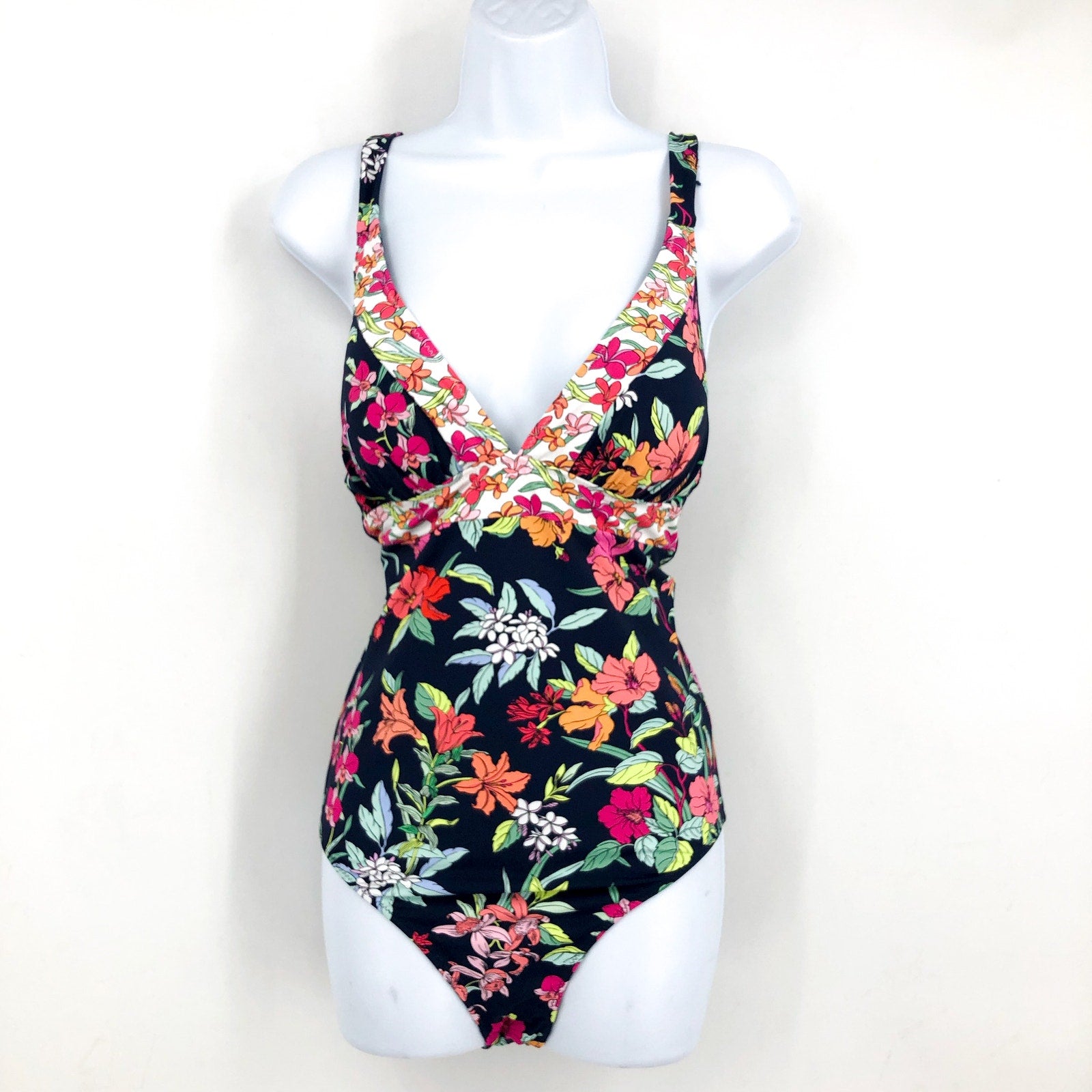 TOMMY BAHAMA Summer Floral Reversible One Piece Swimsuit Size 12 Navy Blue NWT