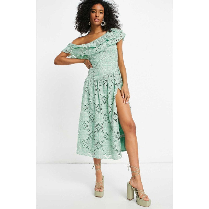 ASOS DESIGN One Shoulder Midi Dress Small Sage Green Patched Lace Ruffle NWOT