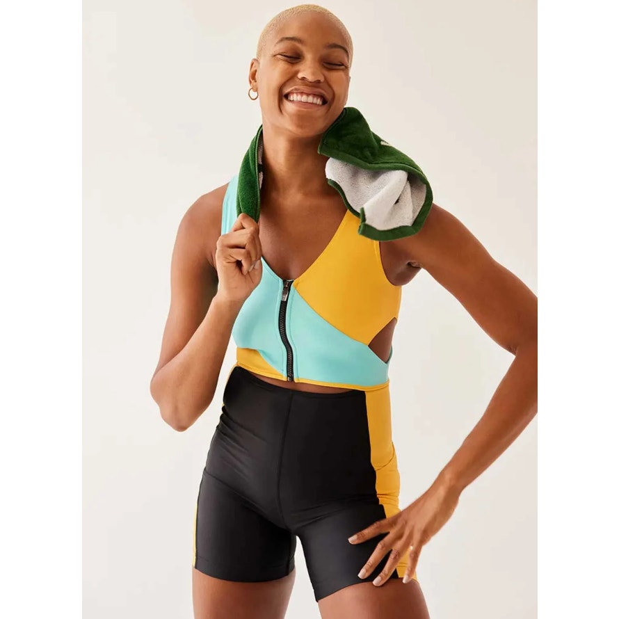 OUTDOOR VOICES Women SplashKnit 6" Bodysuit XS Colorblock Black Teal Yellow NWT