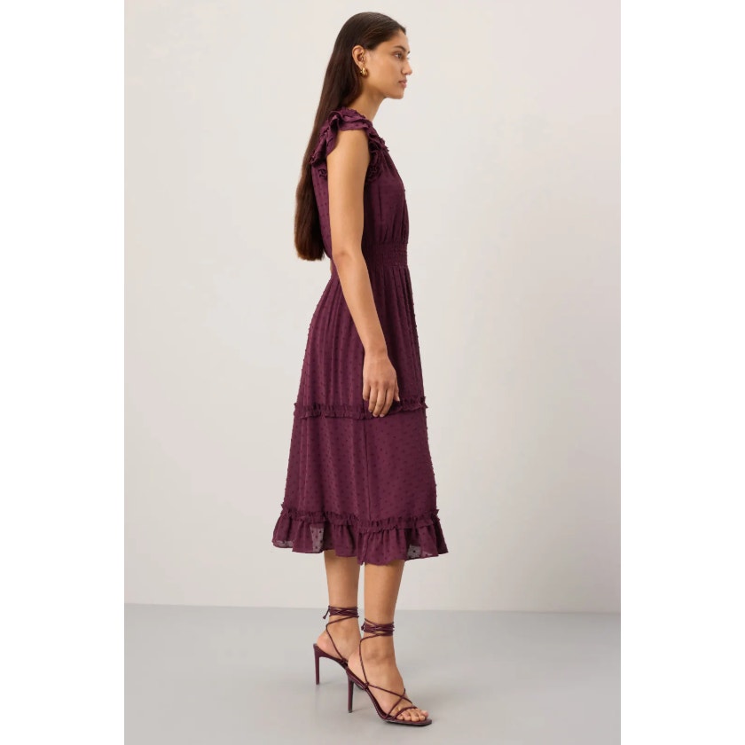 CECE Women's Ruffled Midi Dress Medium Red Rich Flutter Sleeve Swiss Dot NWT