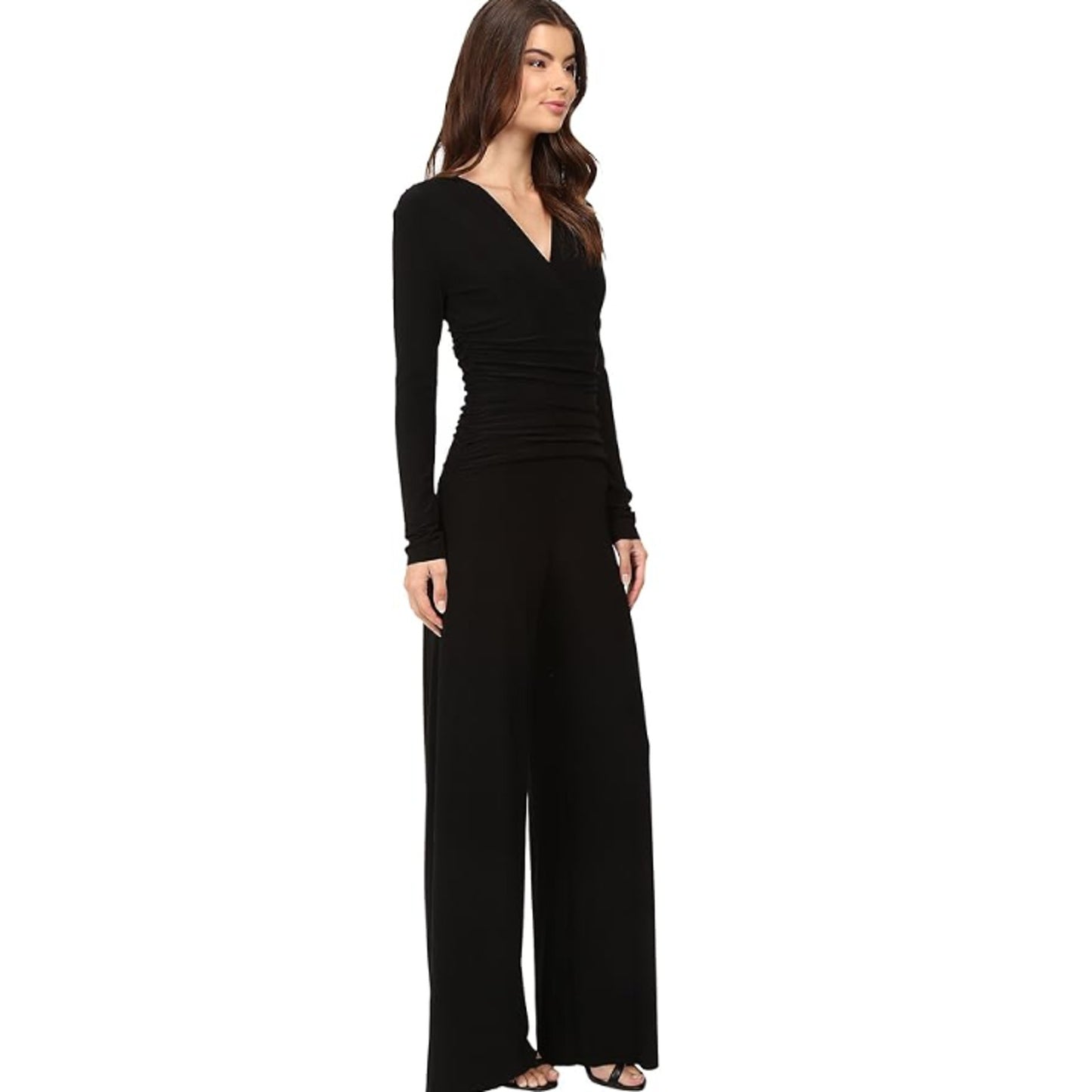 NORMA KAMALI V-Neck Long Sleeve Jumpsuit Large 40 Black Shirred Waist NWT