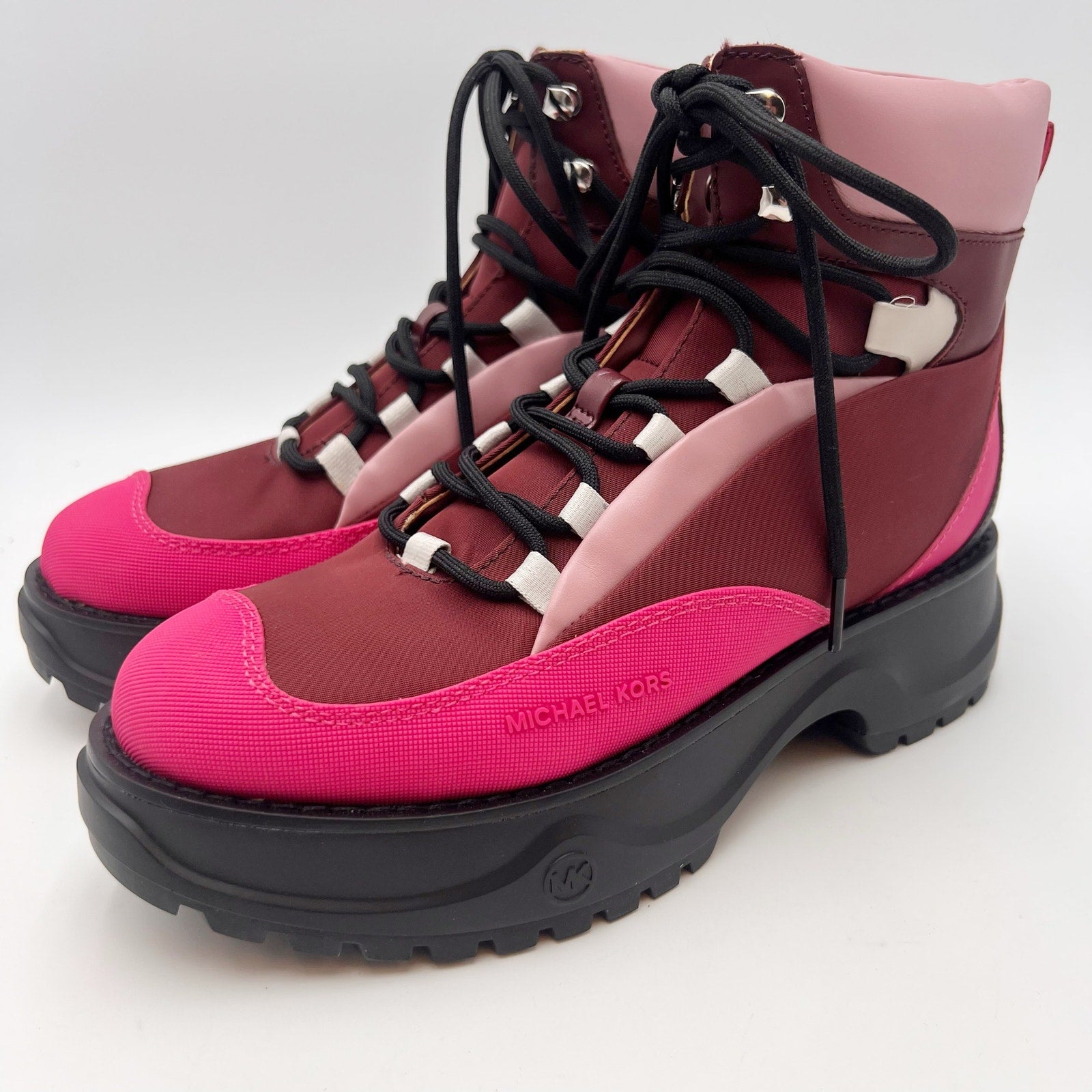 Micheal Kors Womens Dupree Hiker Booties Size 7 Pink Black Platform NWOB