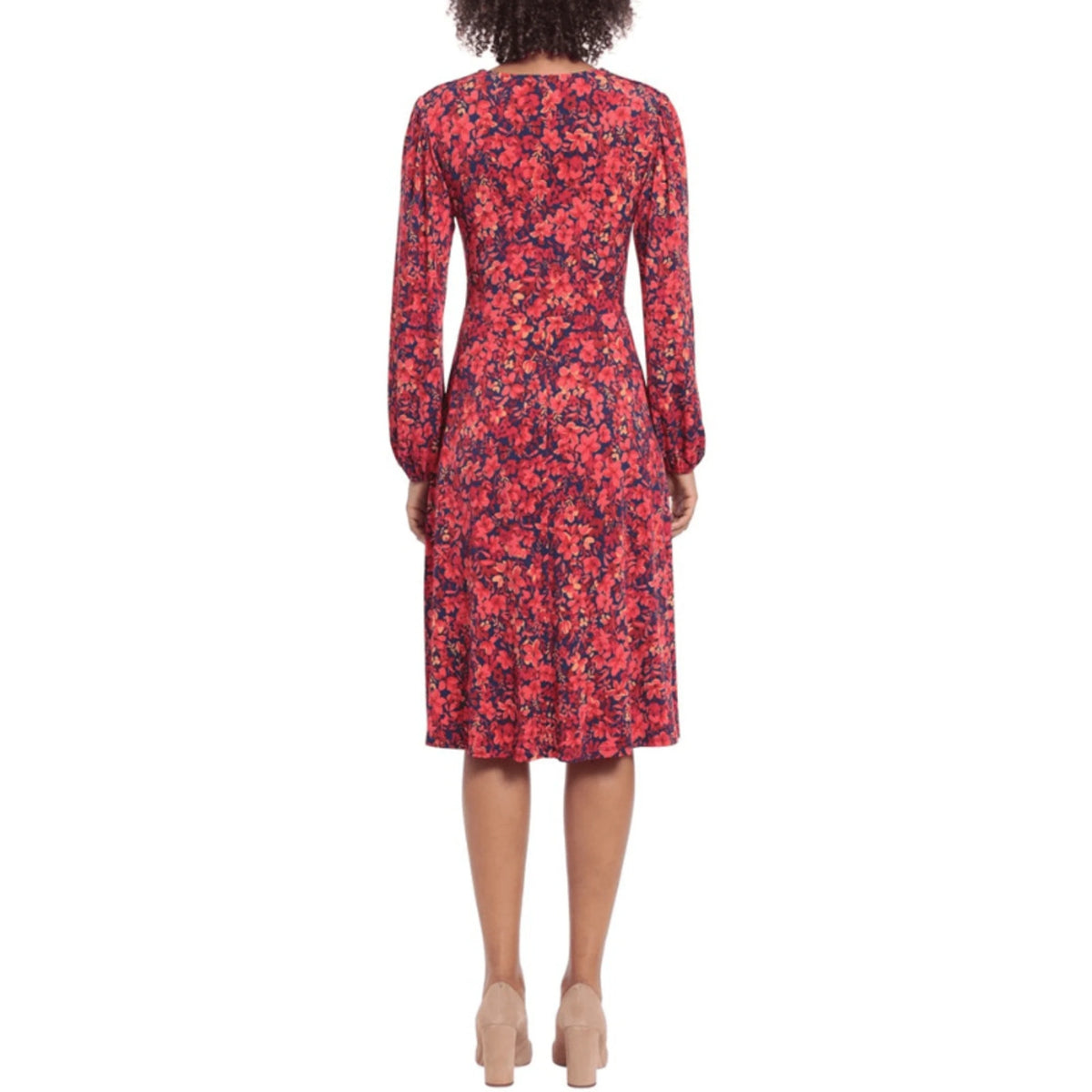 MAGGY LONDON Womens Floral V-Neck Dress Small Navy Blue Red Smocked NWT