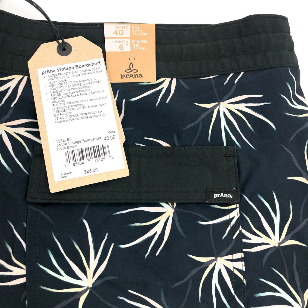 PRANA Men's Vintage Boardshort XXL 40 Black Bloom 6" Inseam Drawstring NWT