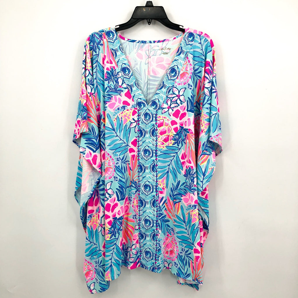 LILLY PULITZER Skyla Caftan Cover-up Large Blue Pink Rainforest Retreat NWT