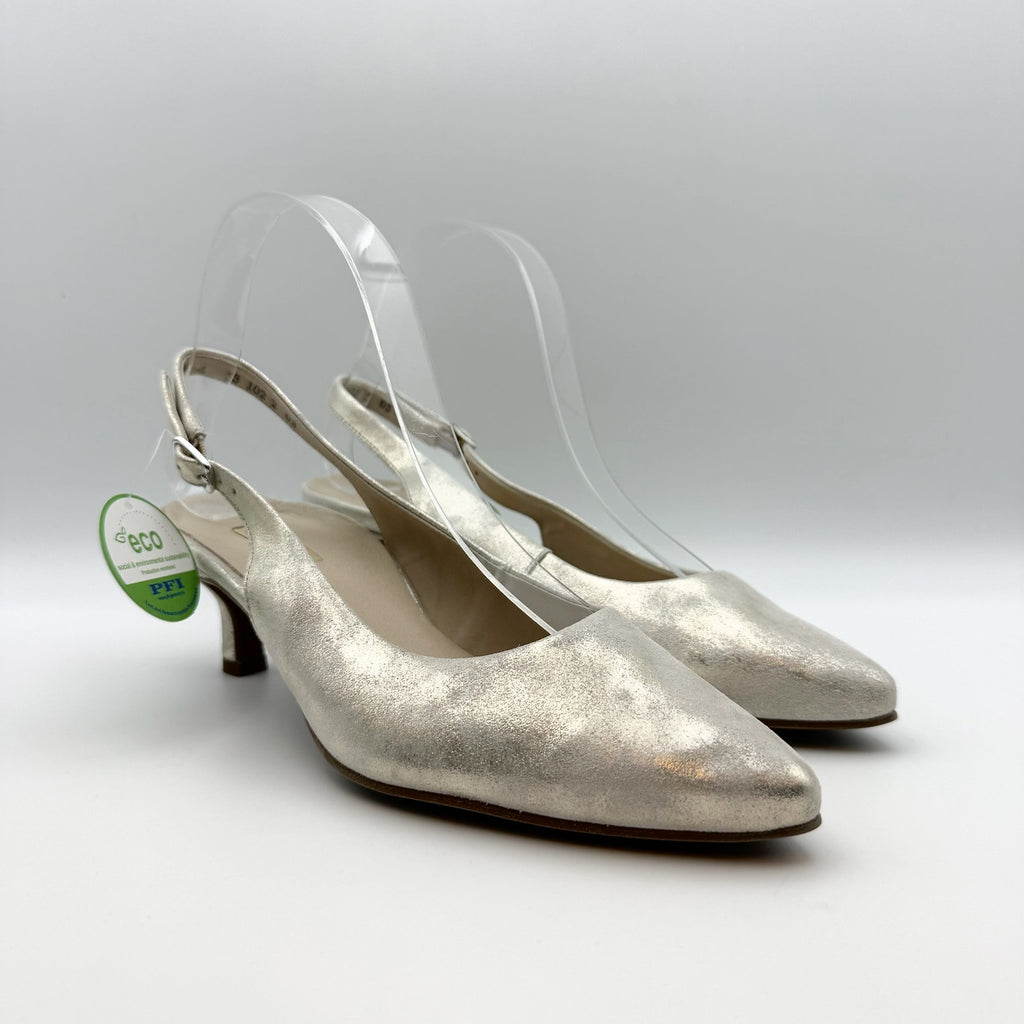 Paul Green Womens Rio Heels US 6.5 M Silver Metallic Leather Ankle Strap NIB