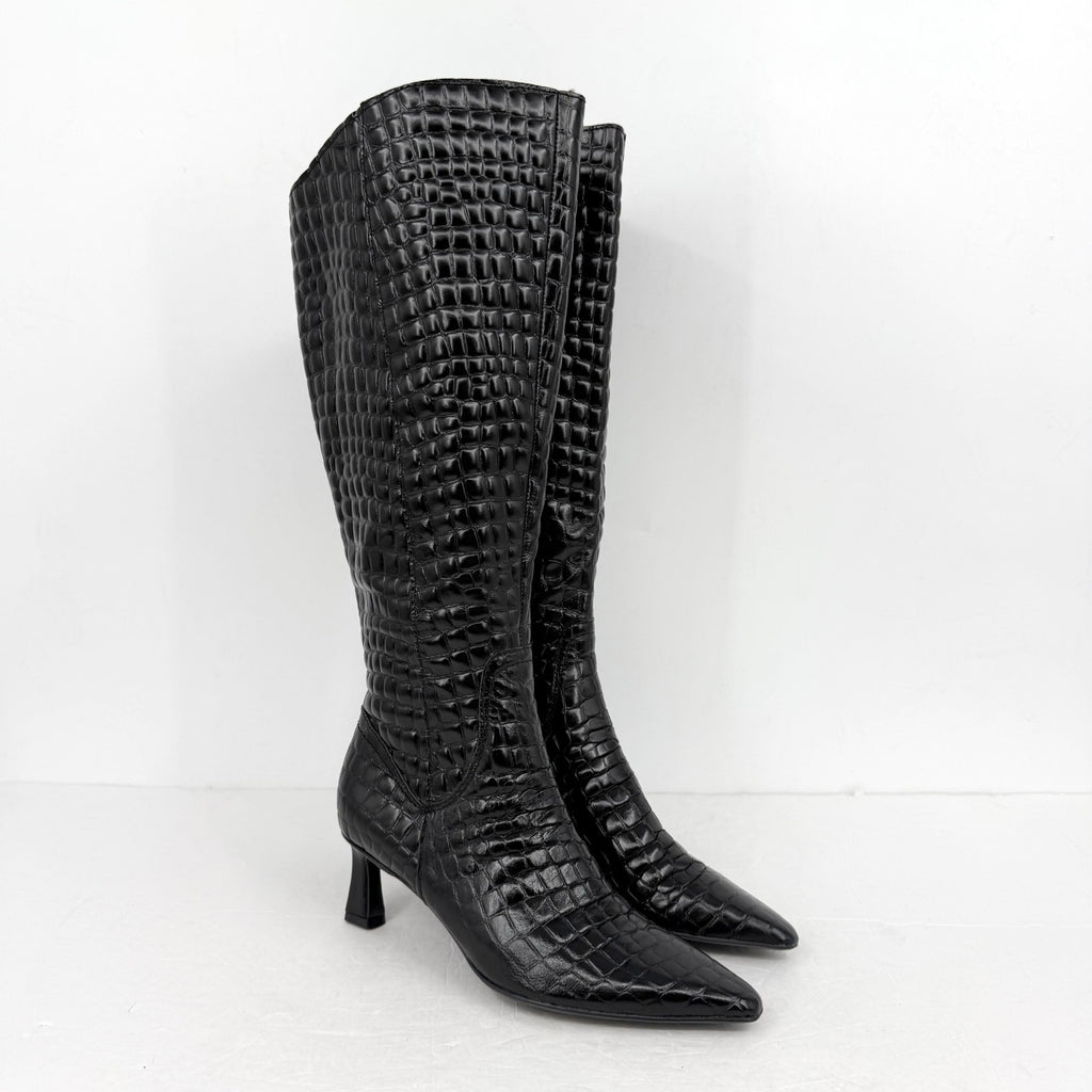 Naturalizer Womens Deesha Knee High Boot 6.5 M Wide Calf Black Croc Leather NWOB