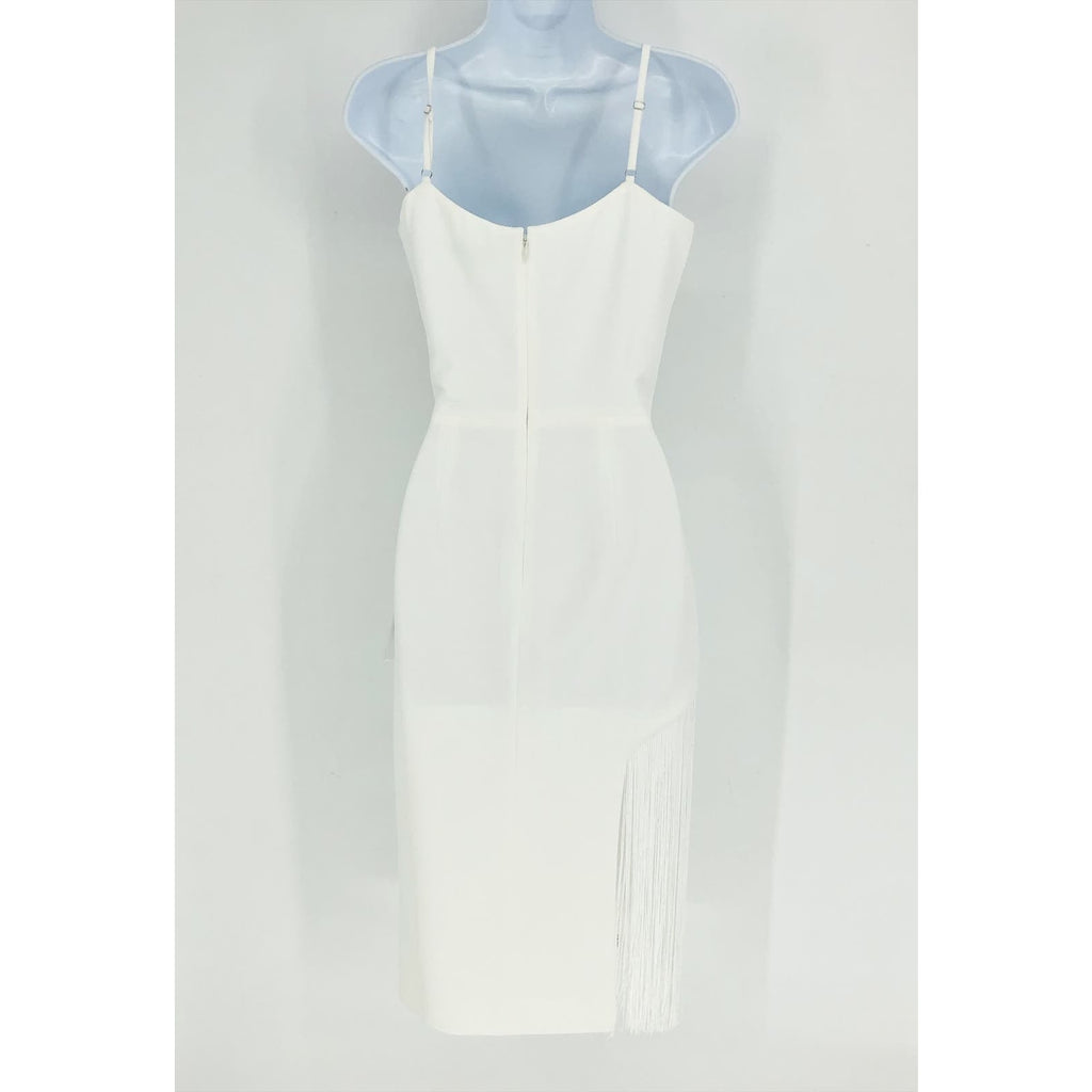 DRESS THE POPULATION Rory Midi Sheath Dress XS Off White Fringe Hem NWT