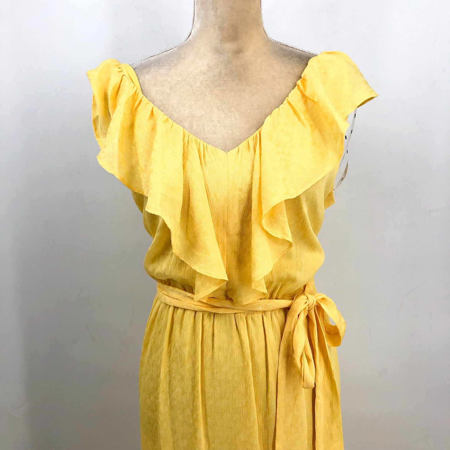 DKNY Womens Ruffle V-Neck Dress Size 16 Yellow Lemonade Tie Waist NWT