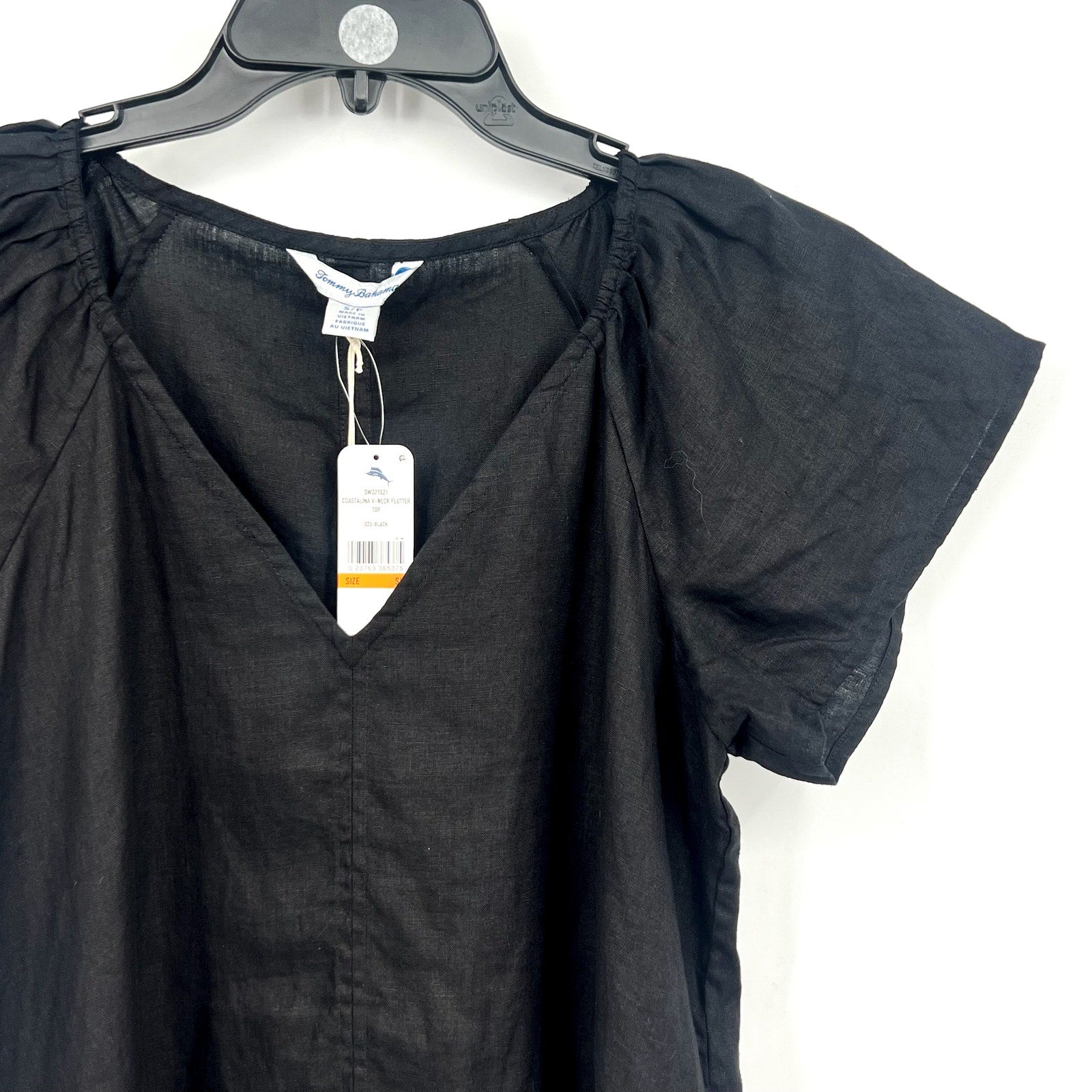 TOMMY BAHAMA Coastalina Linen Top Small Black Short Sleeve V-Neck Flutter NWT