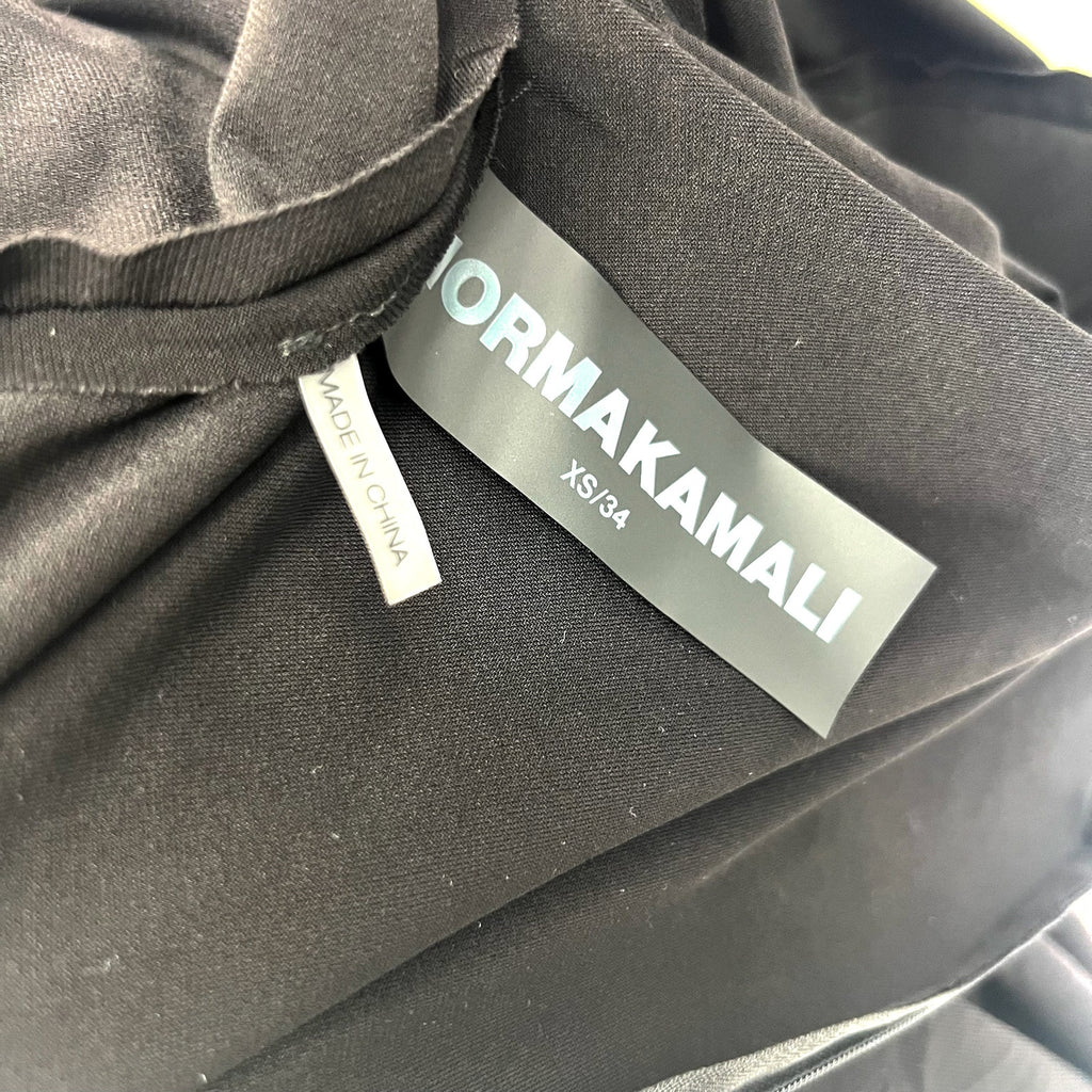 NORMA KAMALI Shoulder Pad Waterfall Dress XS/34 Black V Neck Stretch LS NWT