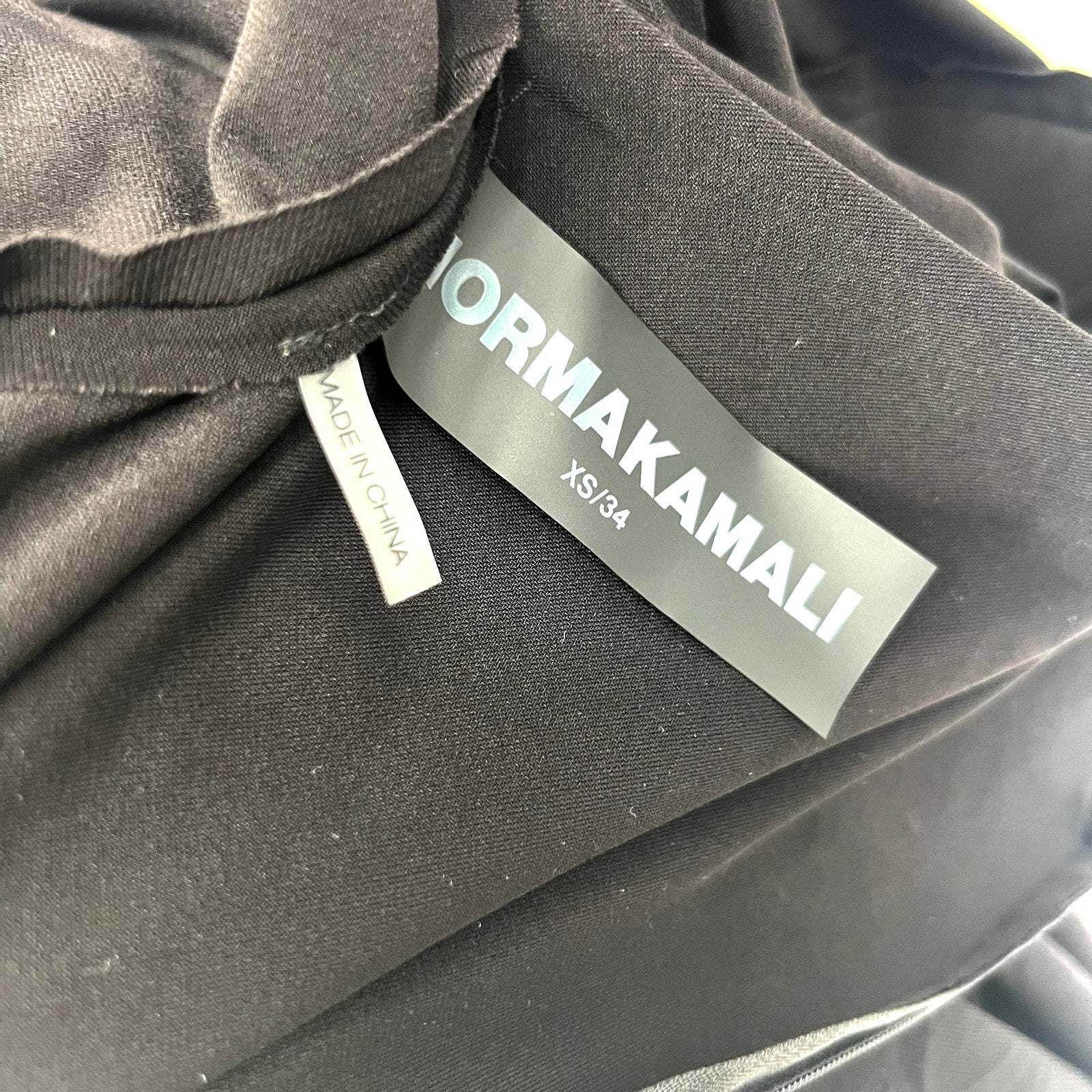 NORMA KAMALI Shoulder Pad Waterfall Dress XS/34 Black V Neck Stretch LS NWT