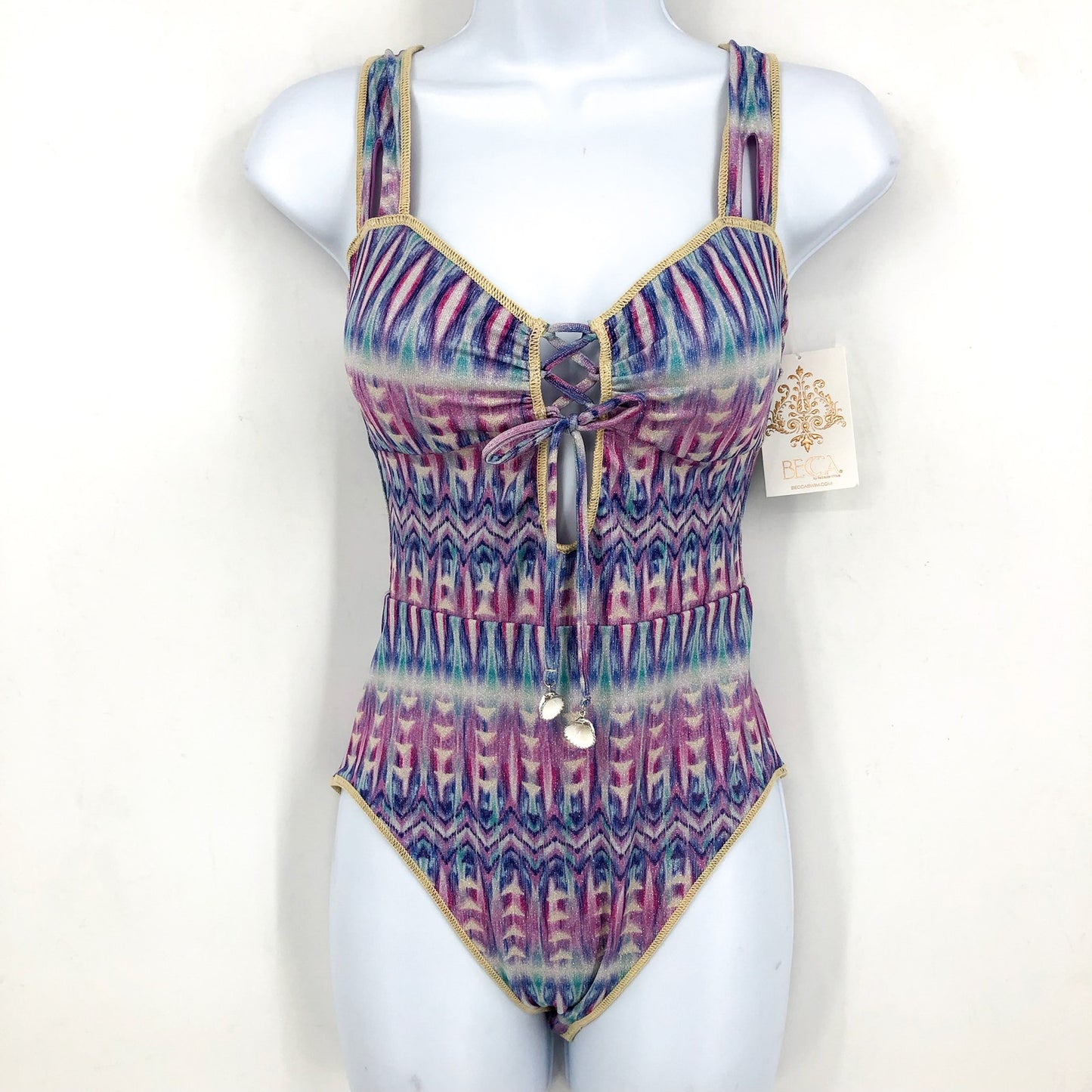 BECCA Women's Standard Tulum One Piece Swimsuit Large Purple Abstract Print NWT
