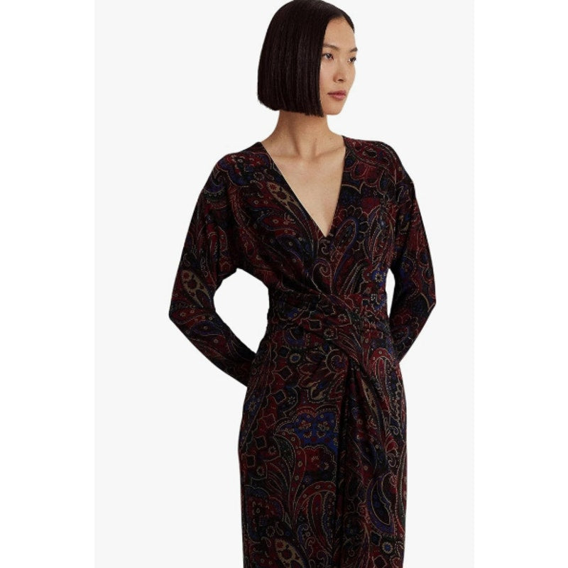 LAUREN RALPH LAUREN Twist-Front Jersey Dress Size 12 Red Checked Paisley NWT