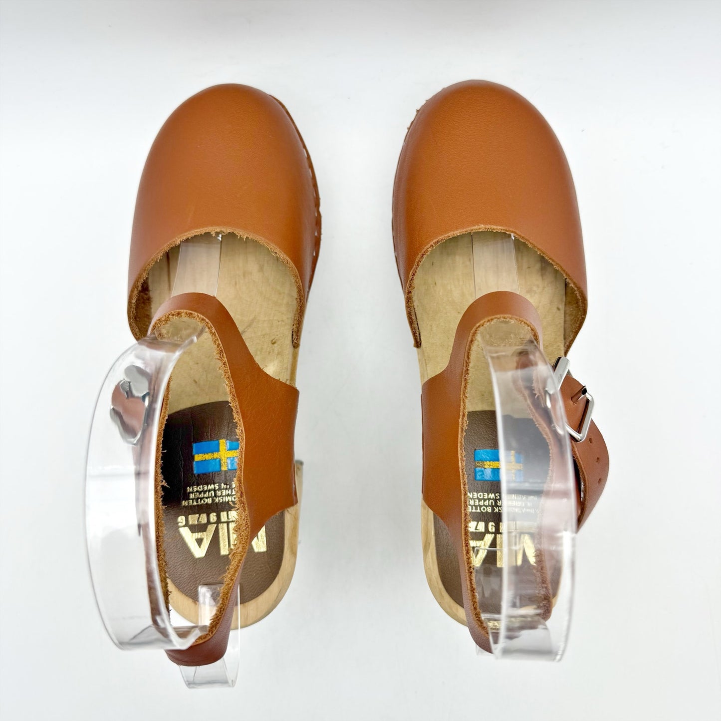 MIA Womens Abba Clogs EU 36 US 6 Luggage Brown Leather Wooden Heel NWOB