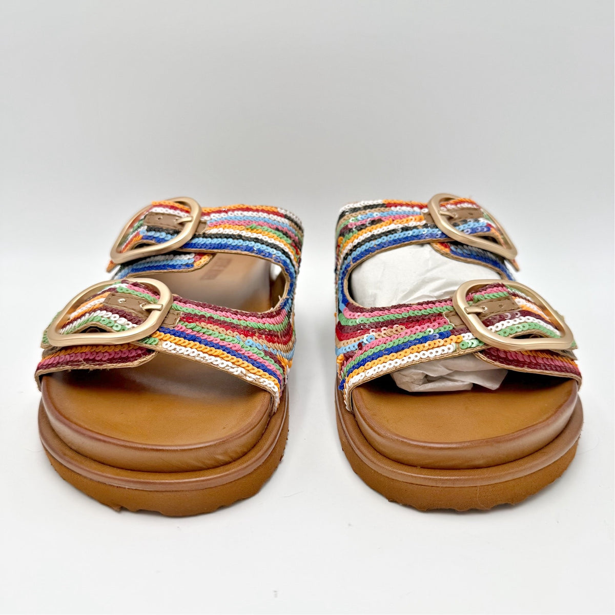 Steve Madden Womens Tourist Footbed Sandals Size 7.5 Multicolor Sequins NIB