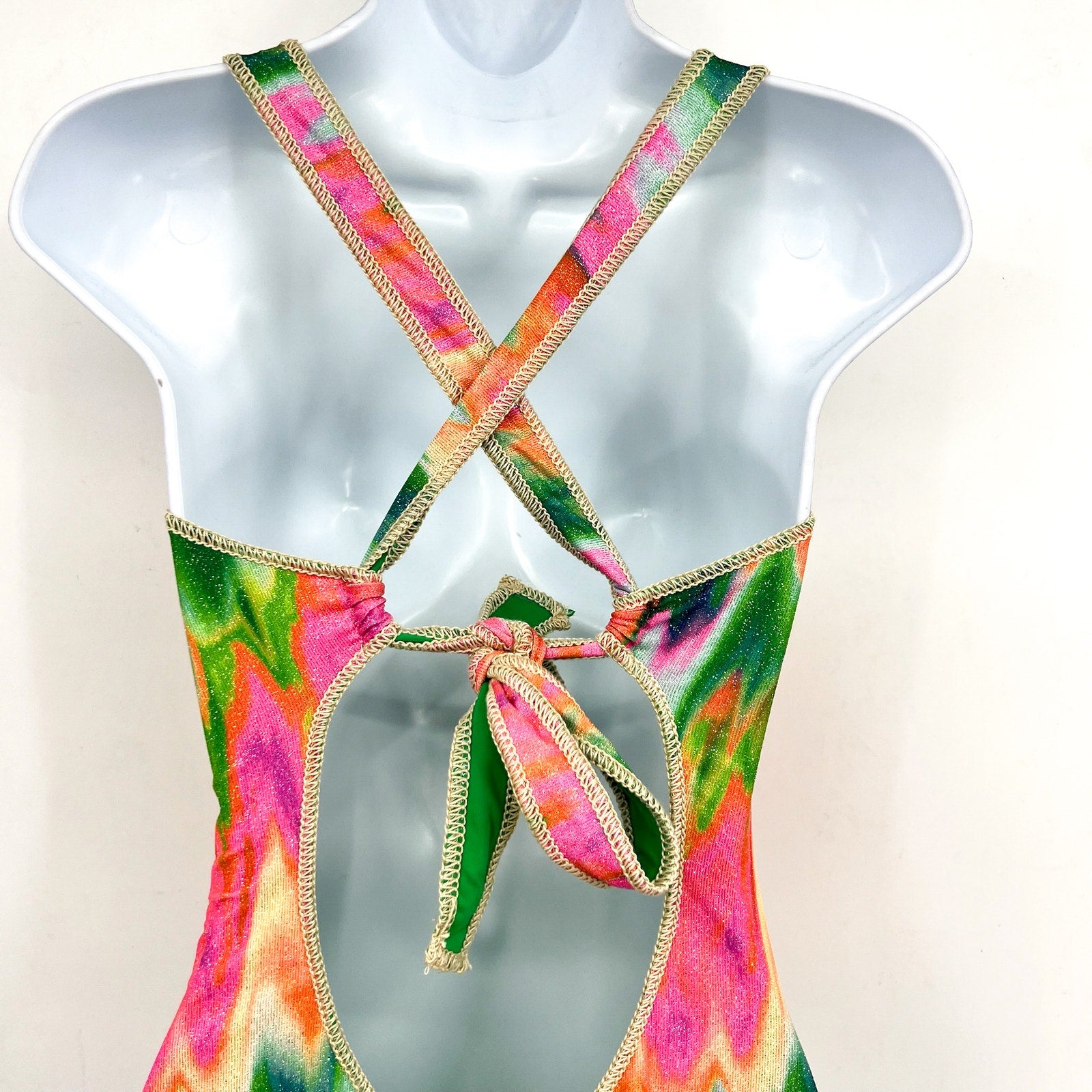 BECCA Women's Mirage Metallic One-Piece Swimsuit Medium Pink Green Lace-Up NWOT