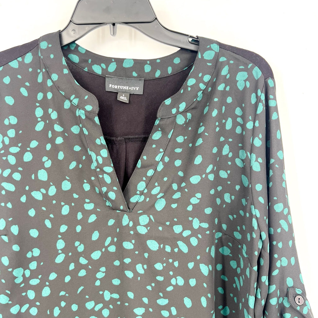 FORTUNE + IVY Womens Tulsa Mixed Material Blouse Small Black Green Abstract NWOT