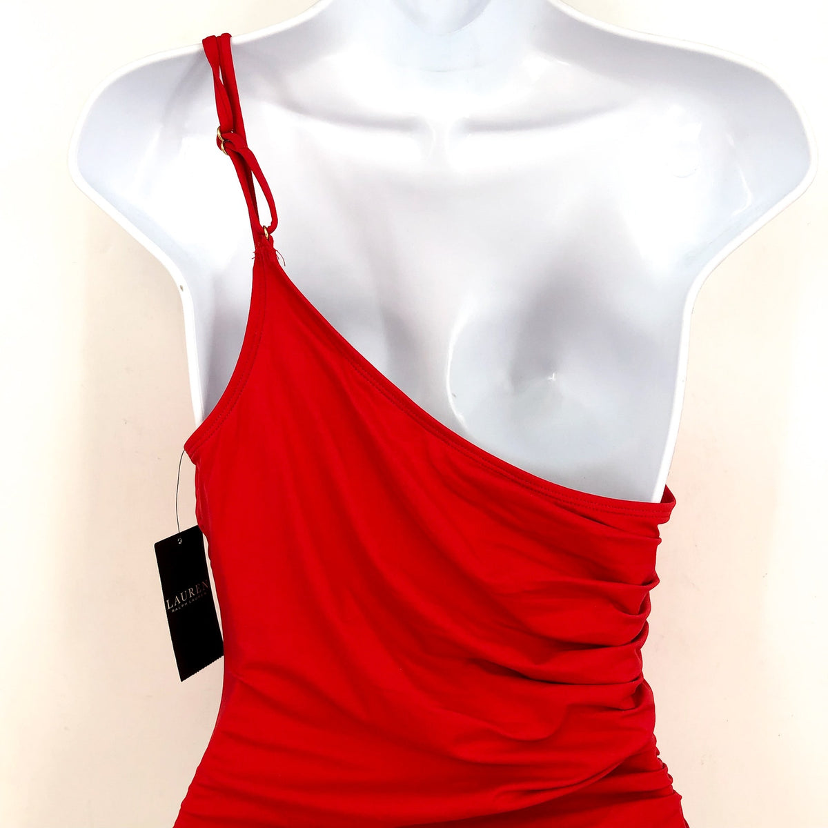LAUREN RALPH LAUREN Double Strap One Piece Swimsuit Size 10 Red One Shoulder NWT
