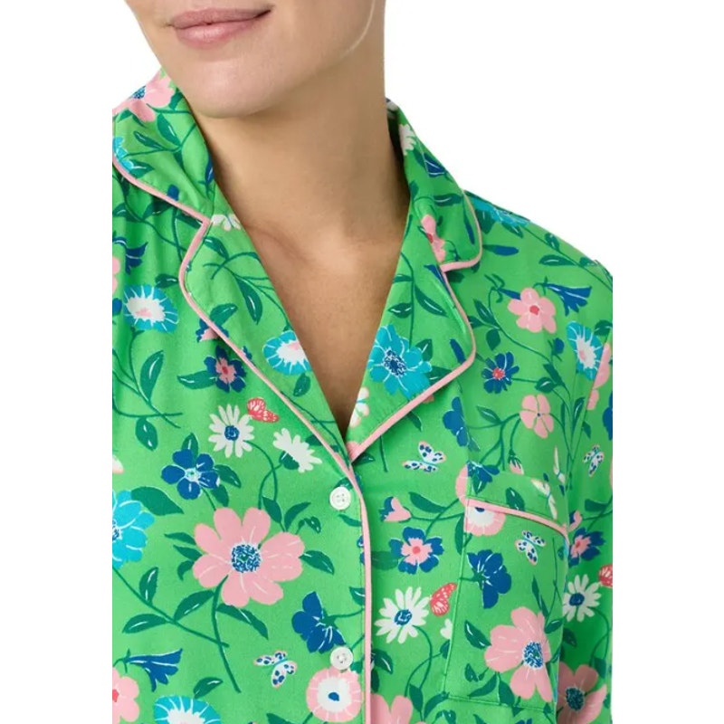 Kate Spade Womens Long Pajama Set Medium Green Floral Garden NWT