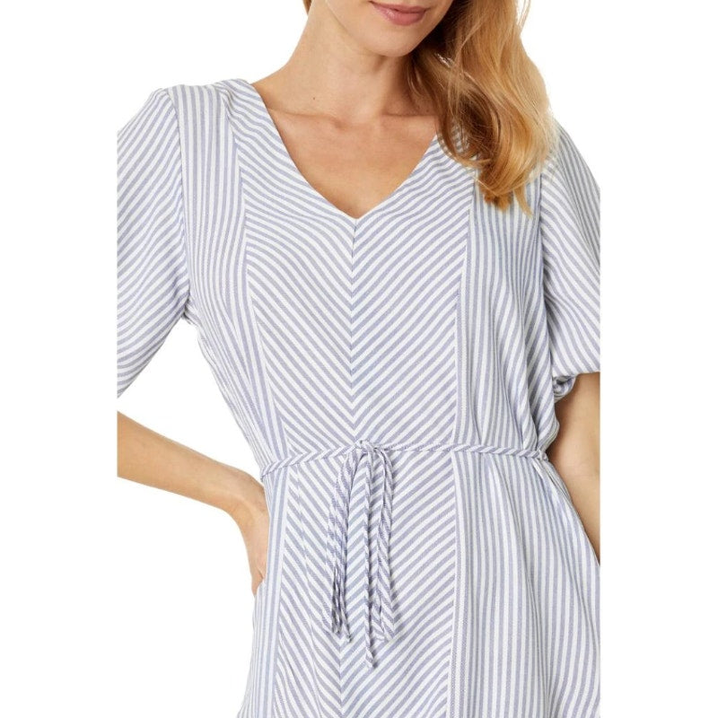 VINCE CAMUTO Women's V-Neck Dress Medium New Ivory Blue Oasis Stripe Belted NWT
