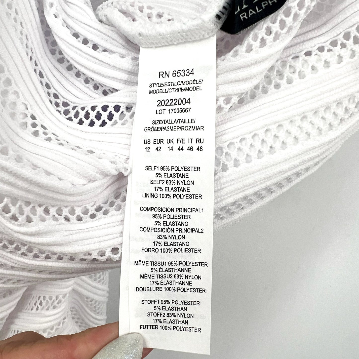 RALPH LAUREN Ottoman Mesh One-Piece Swimsuit Size 12 White One Shoulder NWT