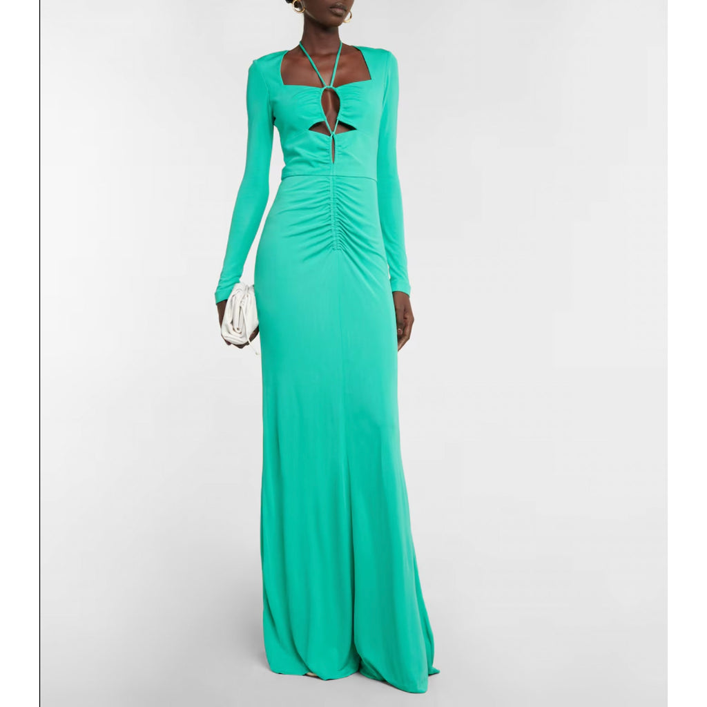 Rebecca Vallance Womens Riccardo Ruched Gown 10 Green Cutout Long Sleeve NWOT