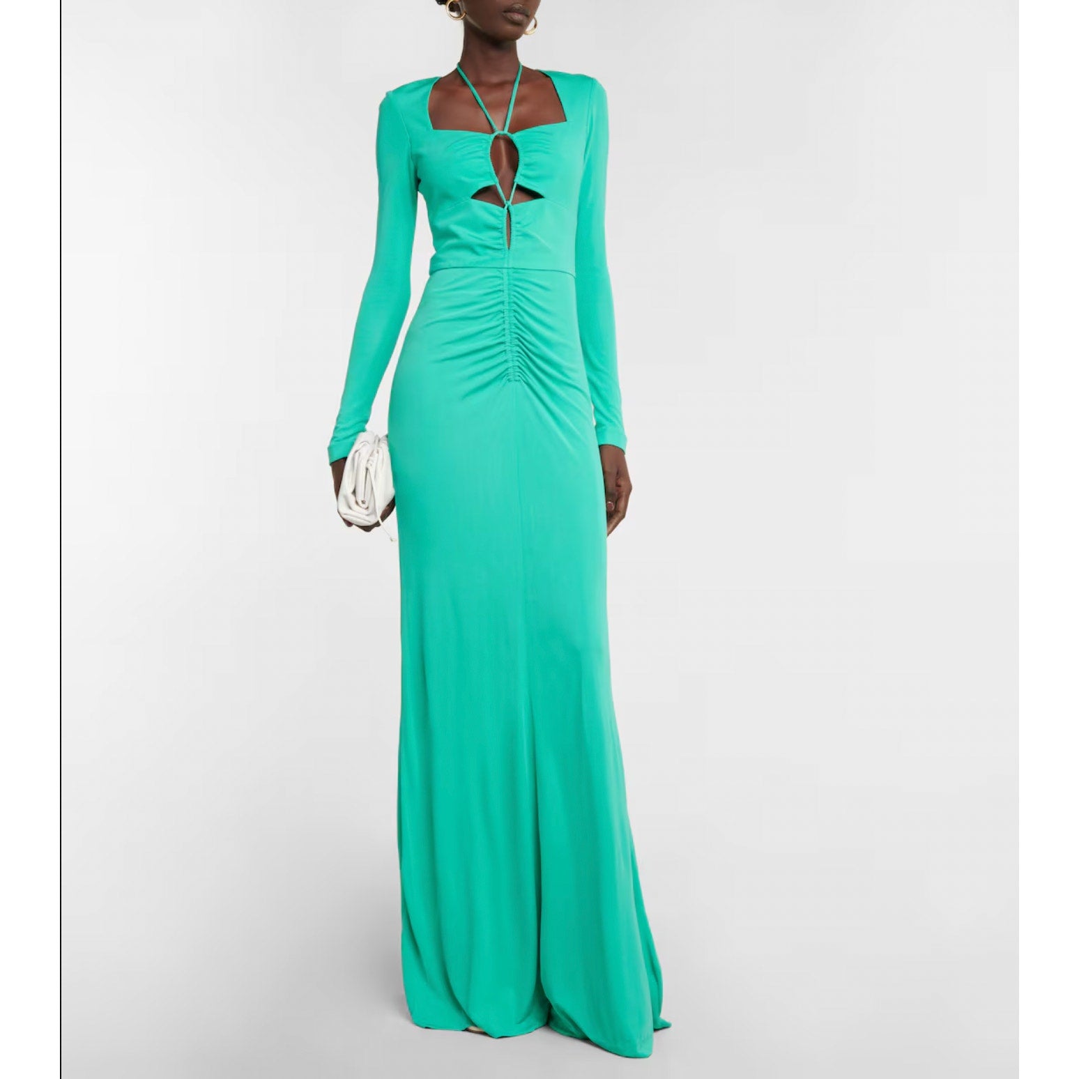 Rebecca Vallance Womens Riccardo Ruched Gown 10 Green Cutout Long Sleeve NWOT