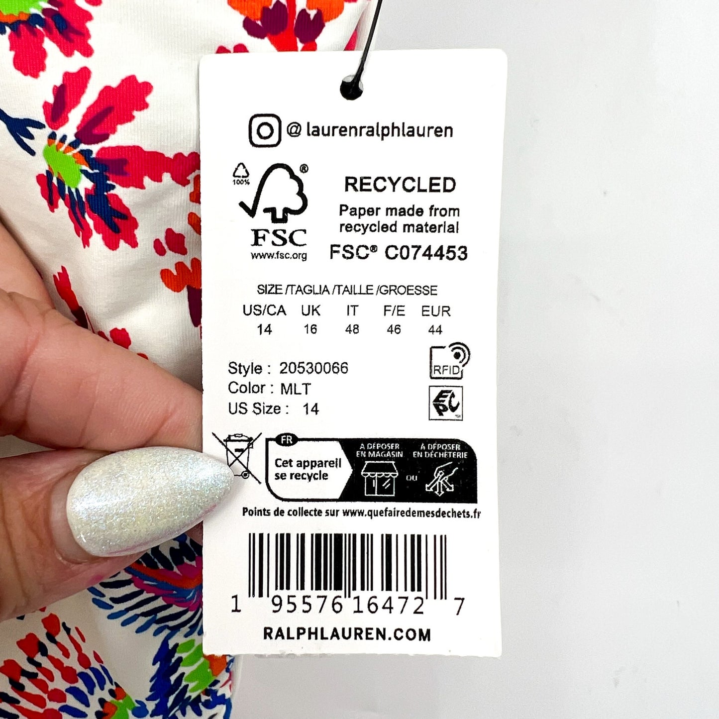 LAUREN RALPH LAUREN Fleurette One Piece Swimsuit 14 White Multi Floral VWire NWT