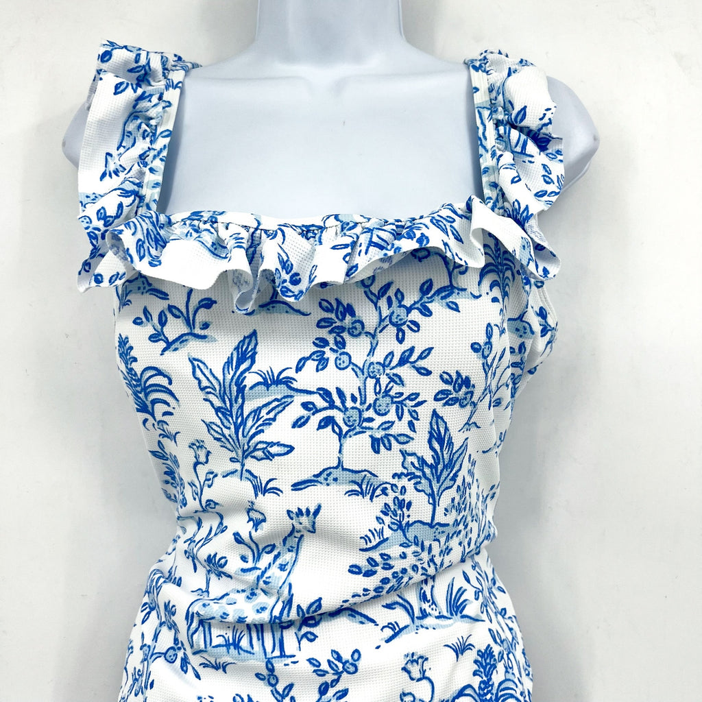 LILLY PULITZER Aemma Ruffle One-piece Swimsuit Size 16 White Blue Tall Tales NWT