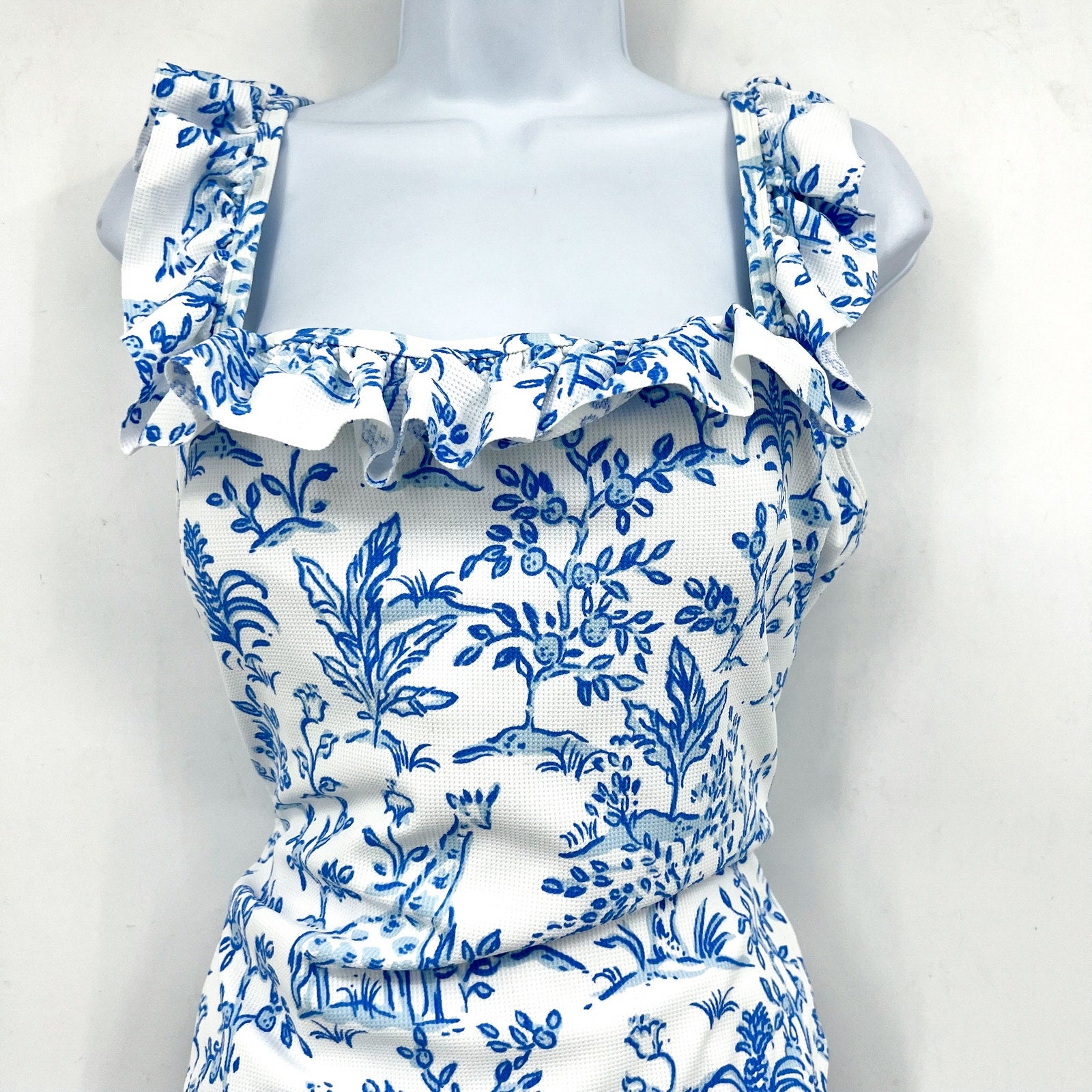 LILLY PULITZER Aemma Ruffle One-piece Swimsuit Size 16 White Blue Tall Tales NWT